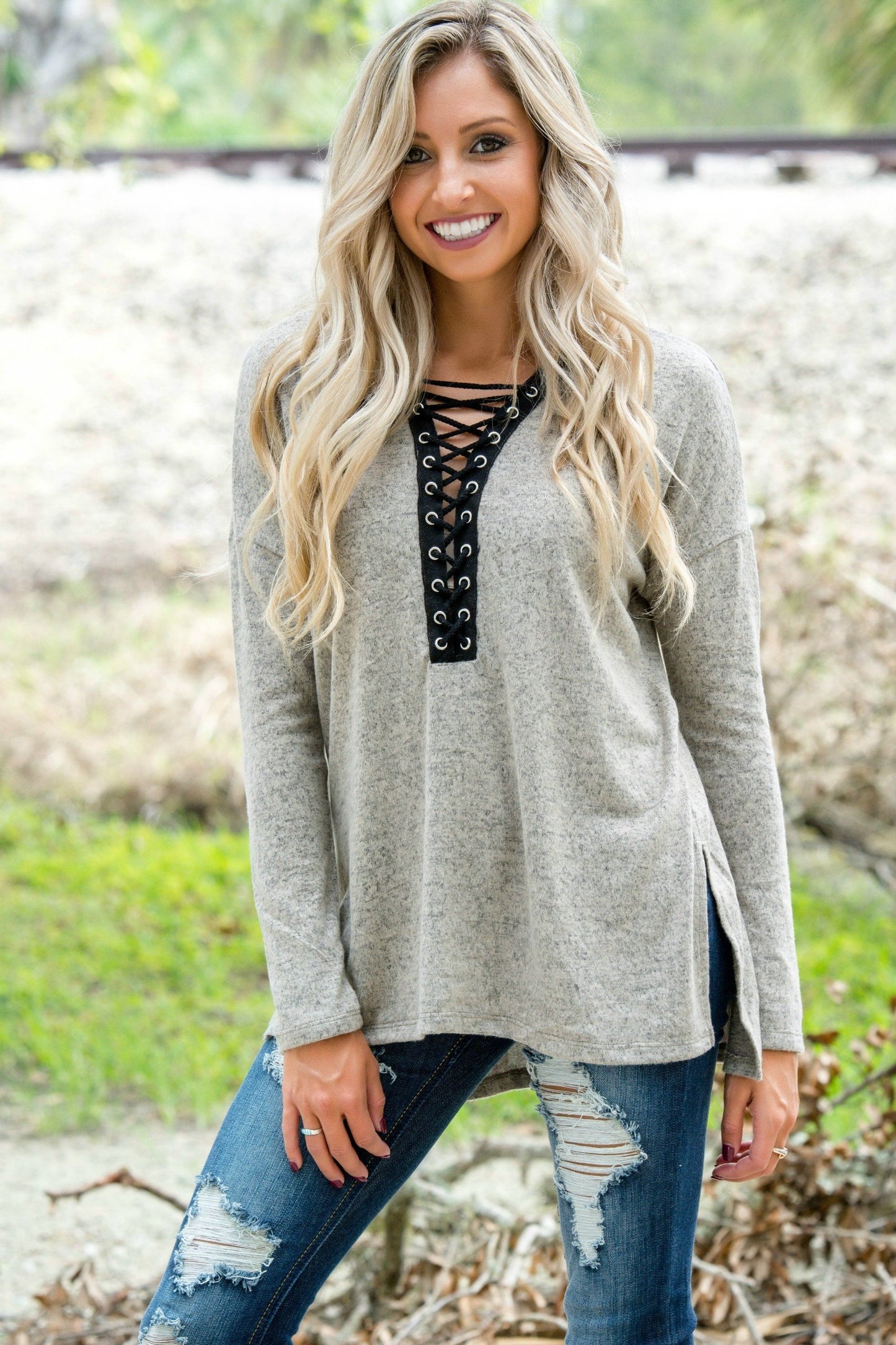Wildest Dreams Taupe Plunge Lace Up Top Shop Simply Me Boutique
