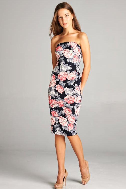 **Strapless Navy Pink Floral Dress