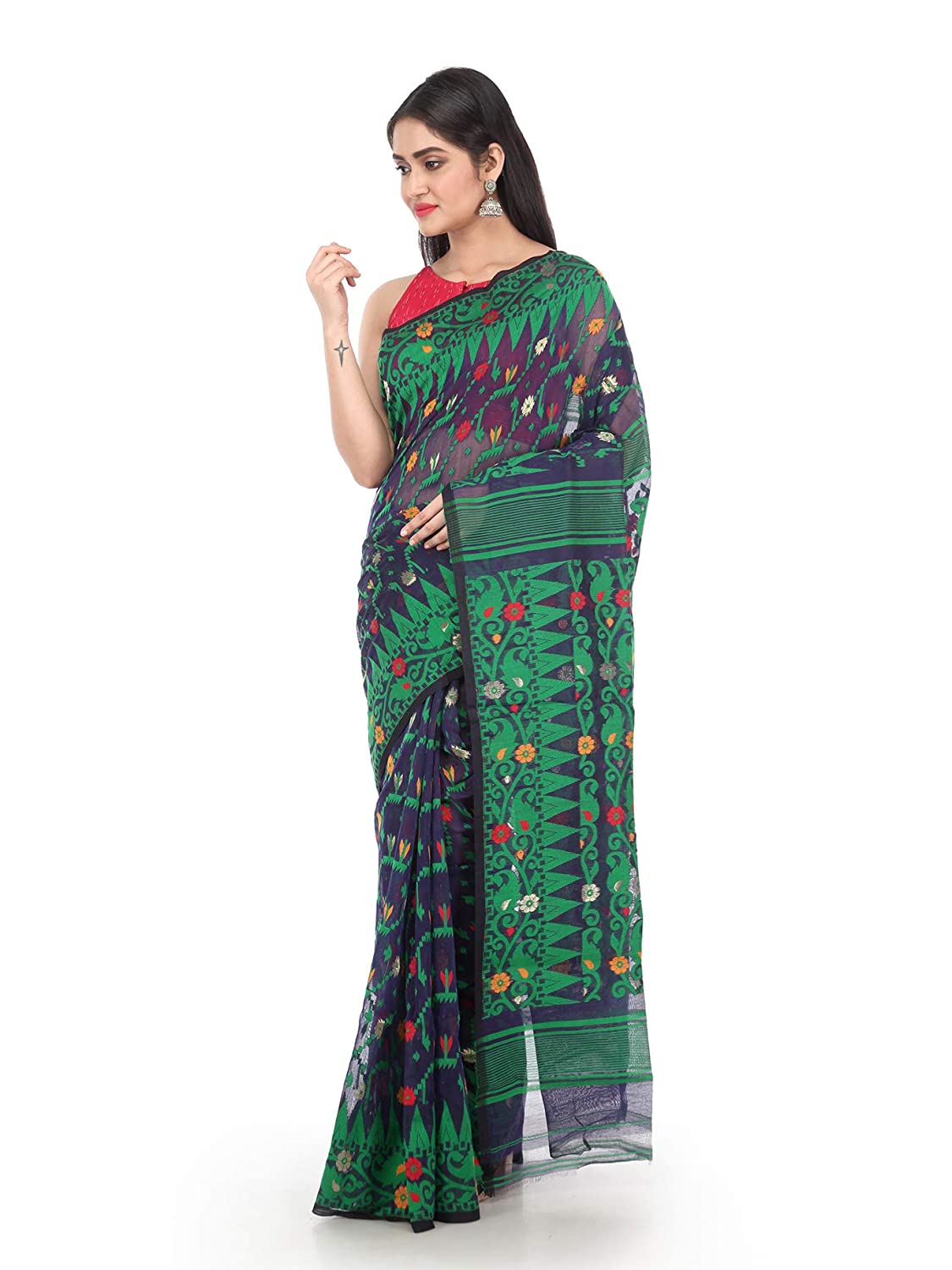 PinkLoom Women's Jamdani Pure Cotton Saree (GB-MUSJ16-0287_Blue)