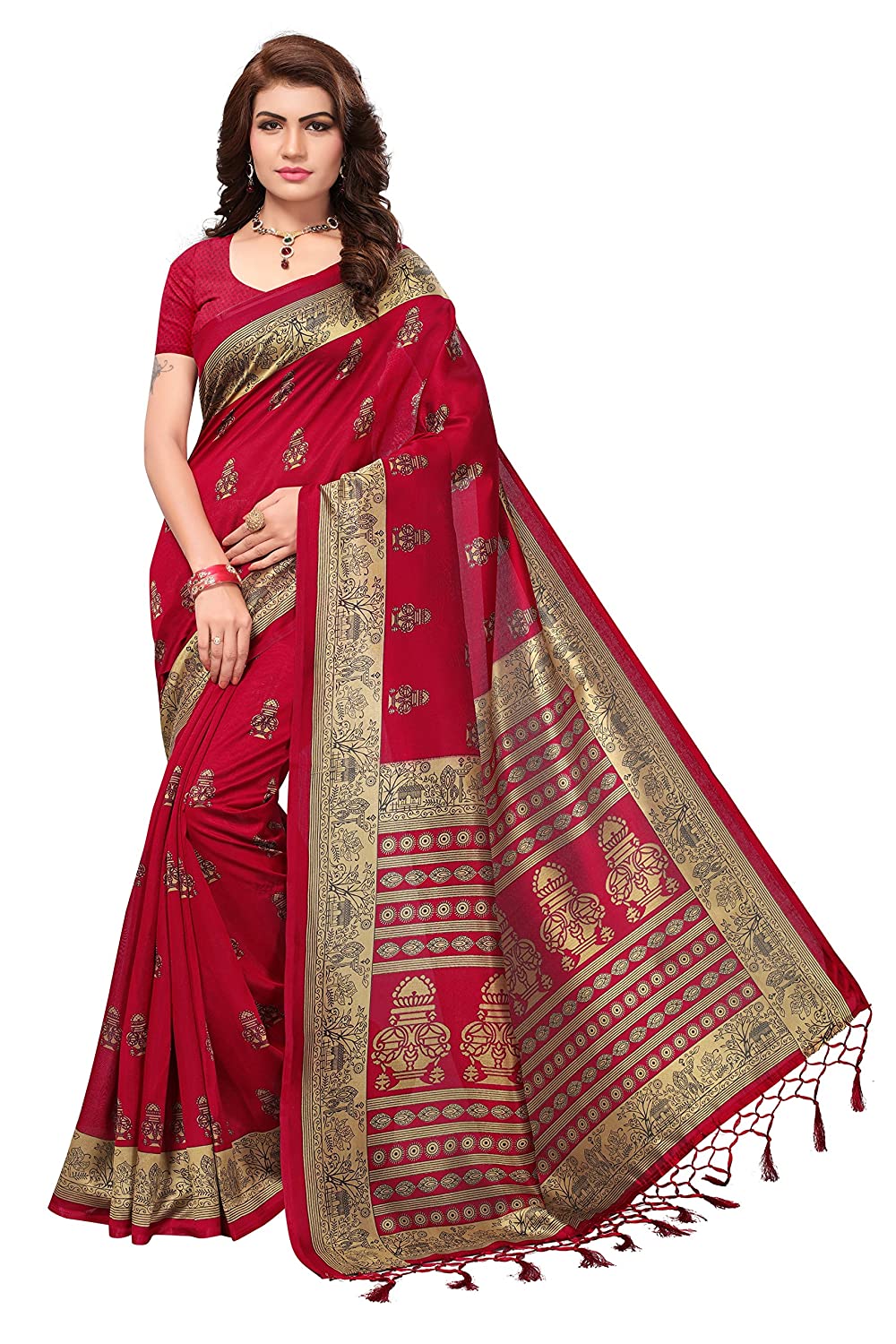 Oomph! Women's Art Silk Printed Kalamkari Sarees with Tassles
