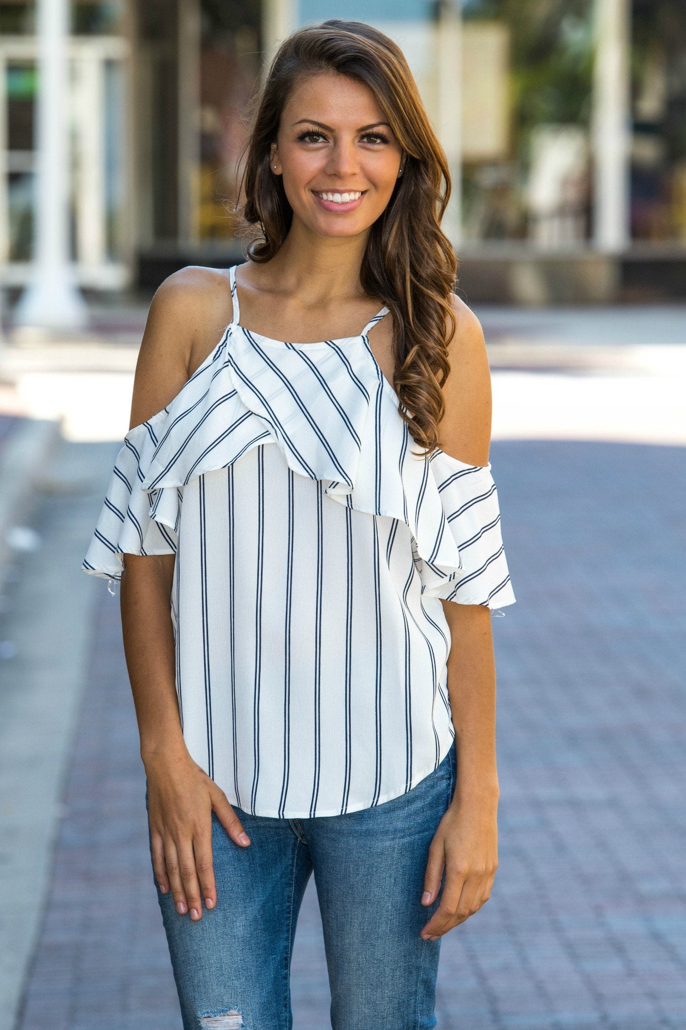 Anchors Away White Striped Cold Shoulder Top Shop Simply Me Boutique 