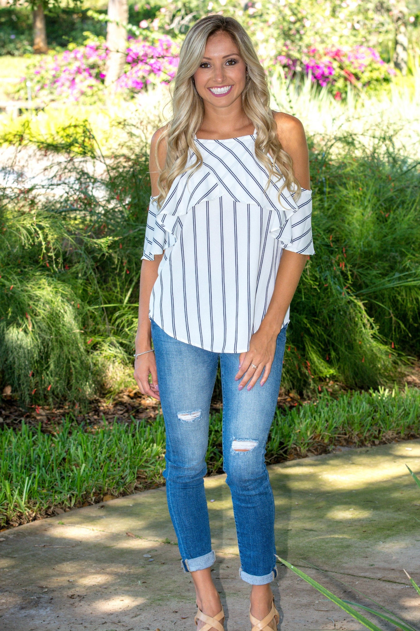 Anchors Away White Striped Cold Shoulder Top Shop Simply Me Boutique