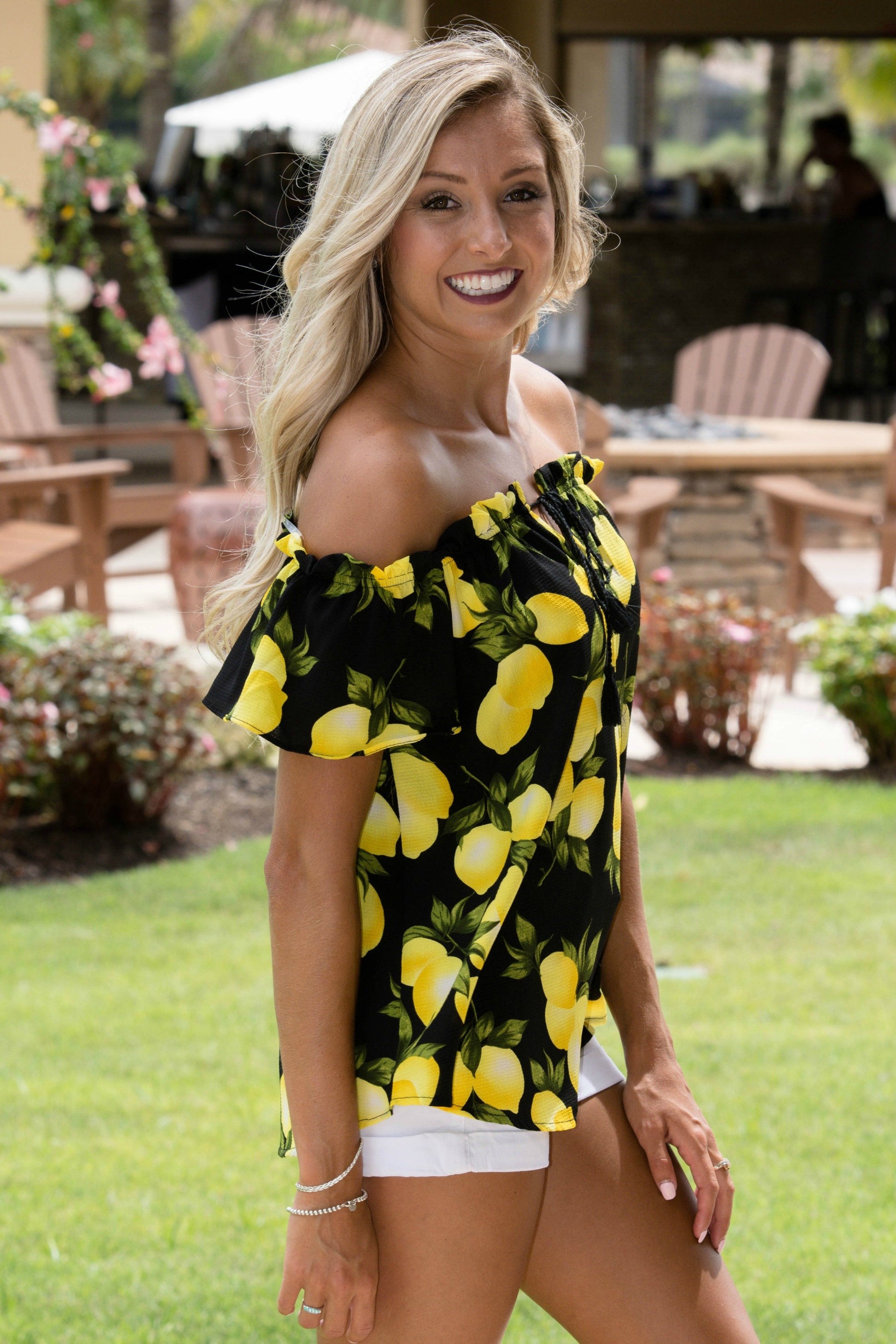 Lemon Print Off Shoulder Top Black Yellow Shop Simply Me Boutique Shop SMB