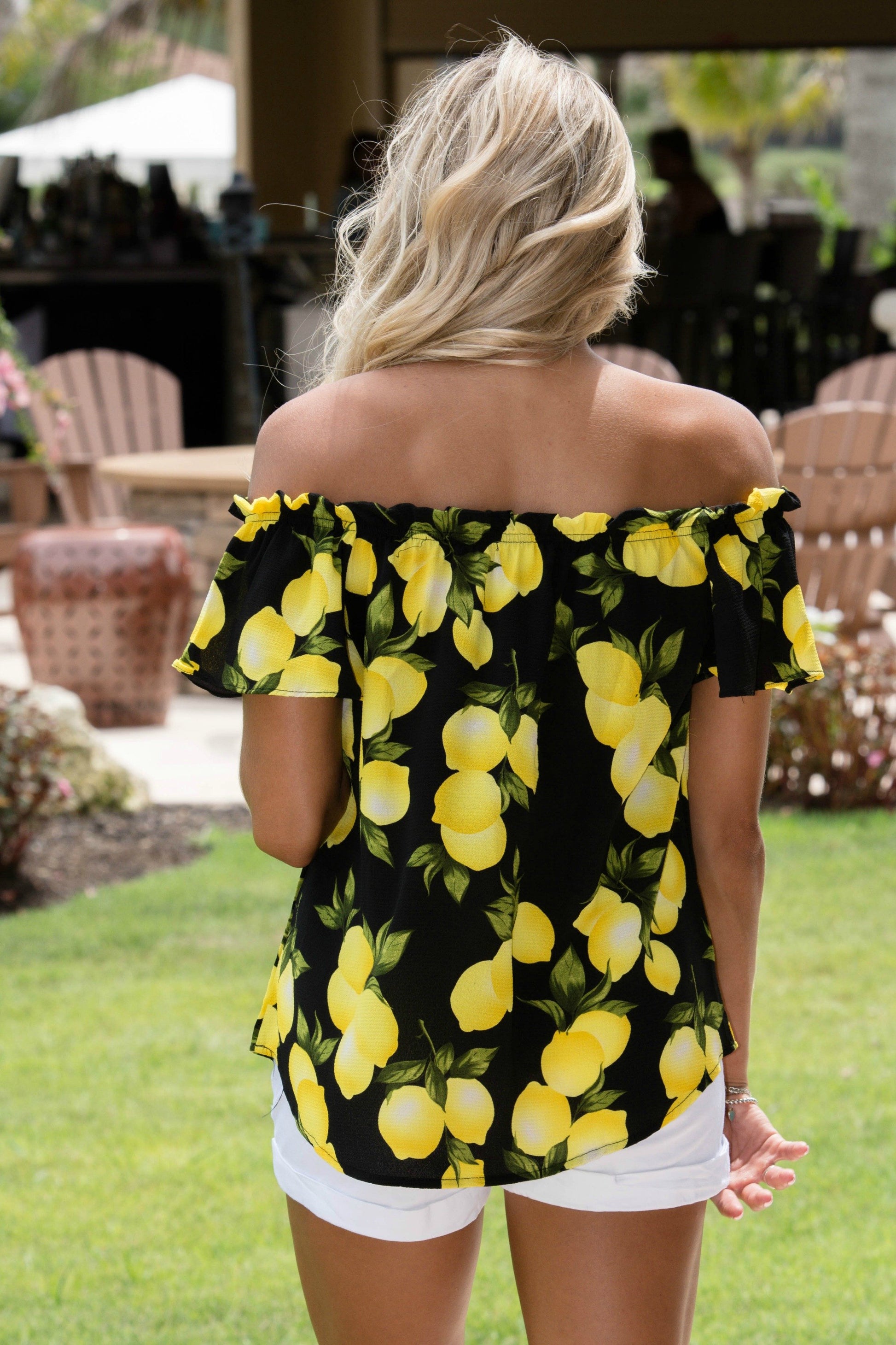 Lemon Print Off Shoulder Top Black Yellow Shop Simply Me Boutique Shop SMB