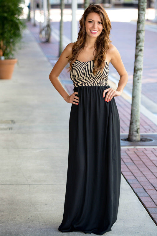 Black and Tan Abstract Asymmetrical Neckline Braided Maxi Dress Shop