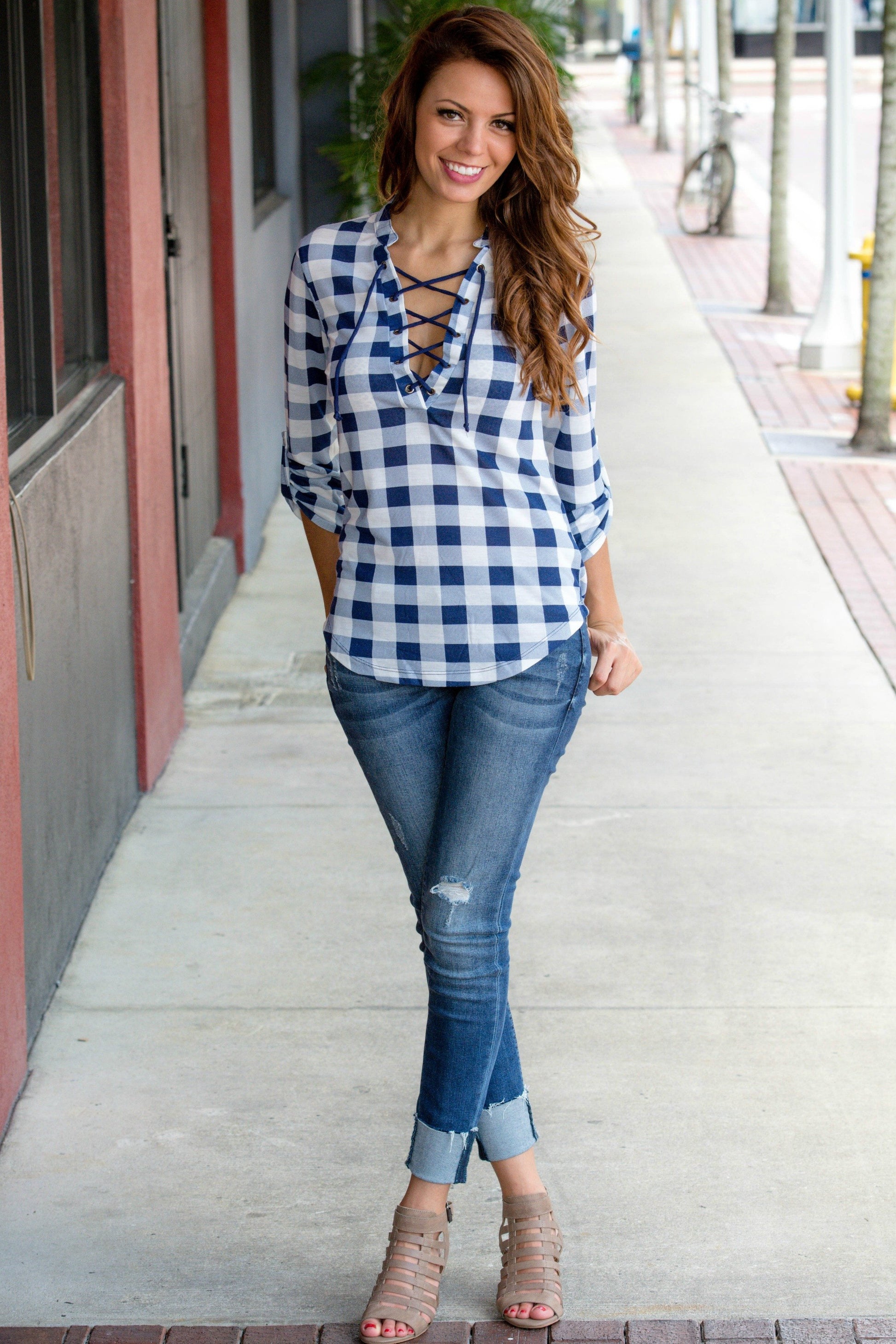 Gingham Girl Navy White Lace Up Top Shop Simply Me Boutique
