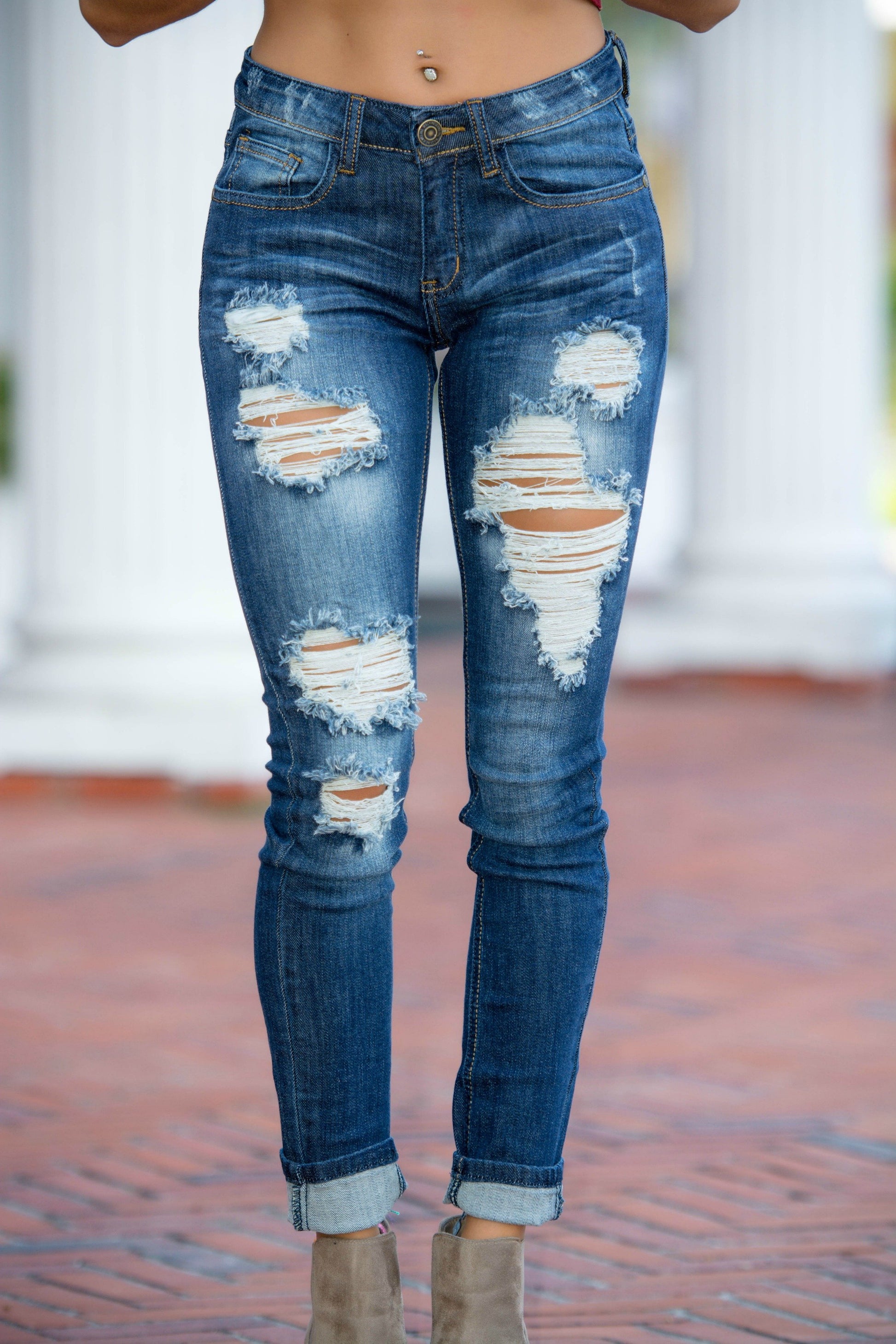 MACHINE Destroyed Skinny Jeans Dark Blue Shop Simply Me Boutique