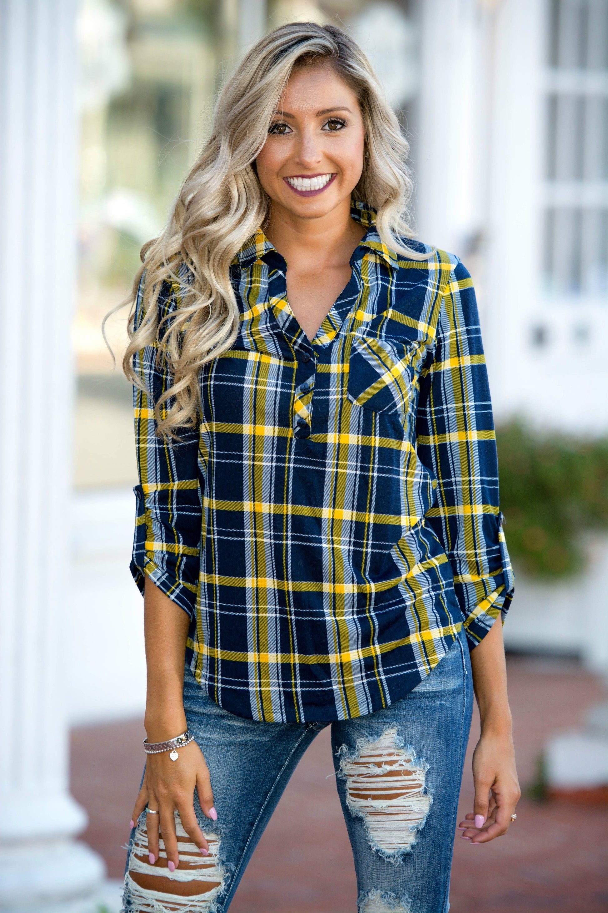 Props for Plaid Mustard Navy Lightweight Plaid Top Shop Simply Me Boutique SMB