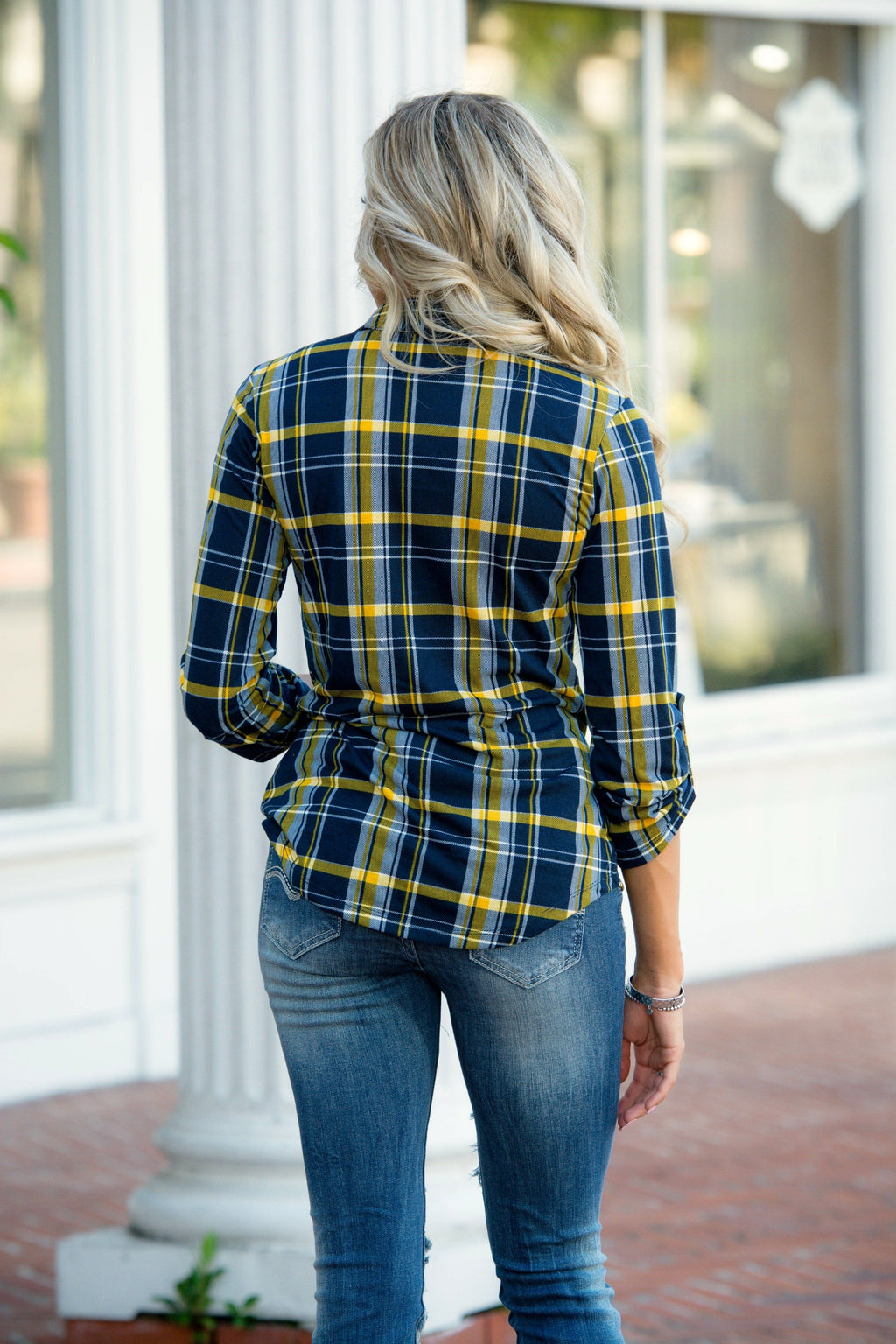 Props for Plaid Mustard Navy Lightweight Plaid Top Shop Simply Me Boutique SMB