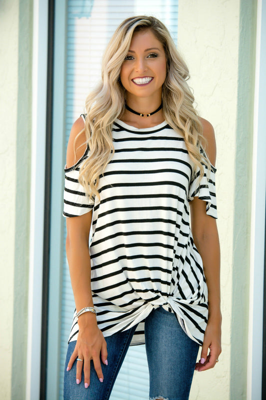 Ivory and Black Striped Cold Shoulder Twist Top Shop Simply Me Boutique