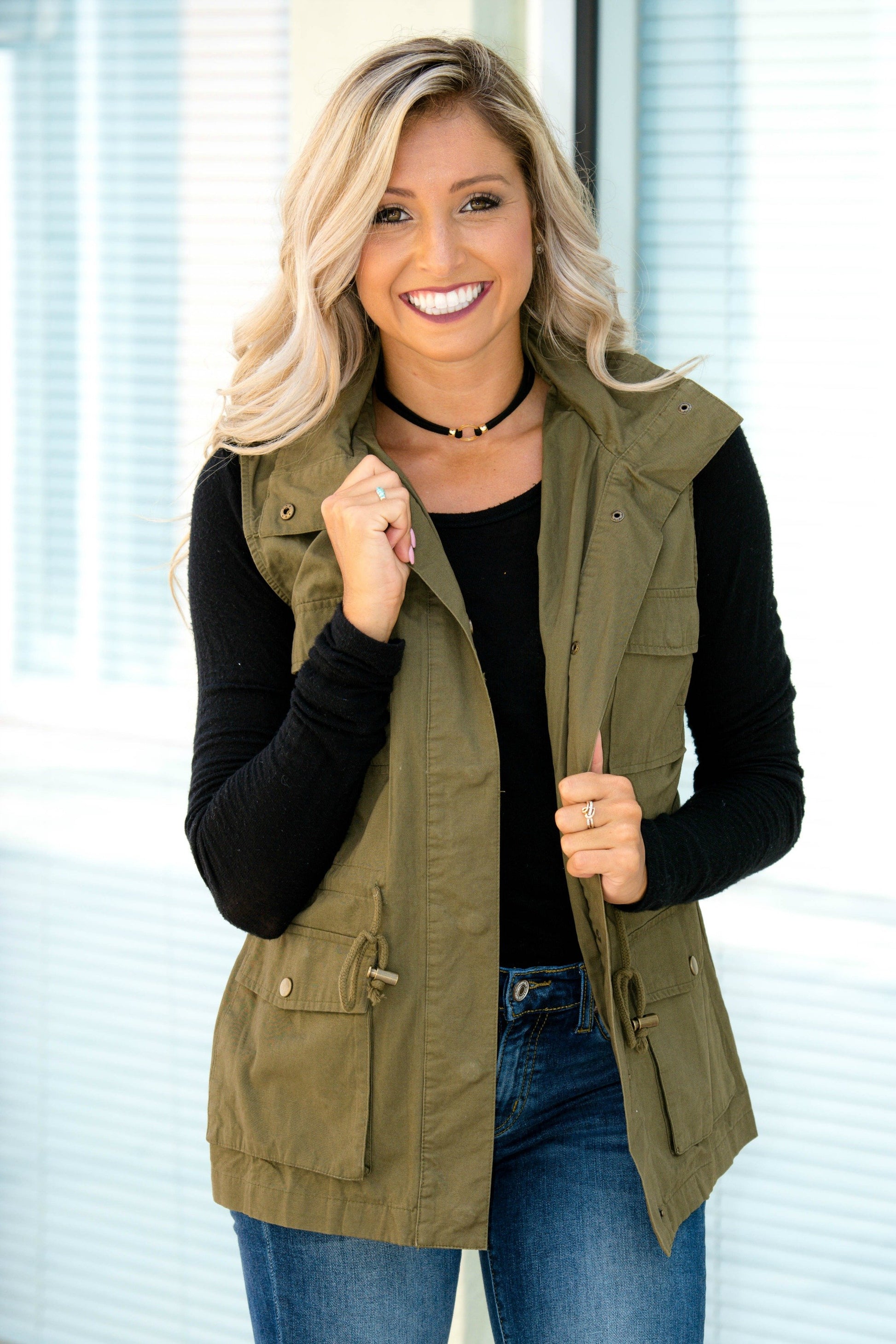 What Goes Around Olive Green Drawstring Vest Hoodie Shop Simply Me Boutique 