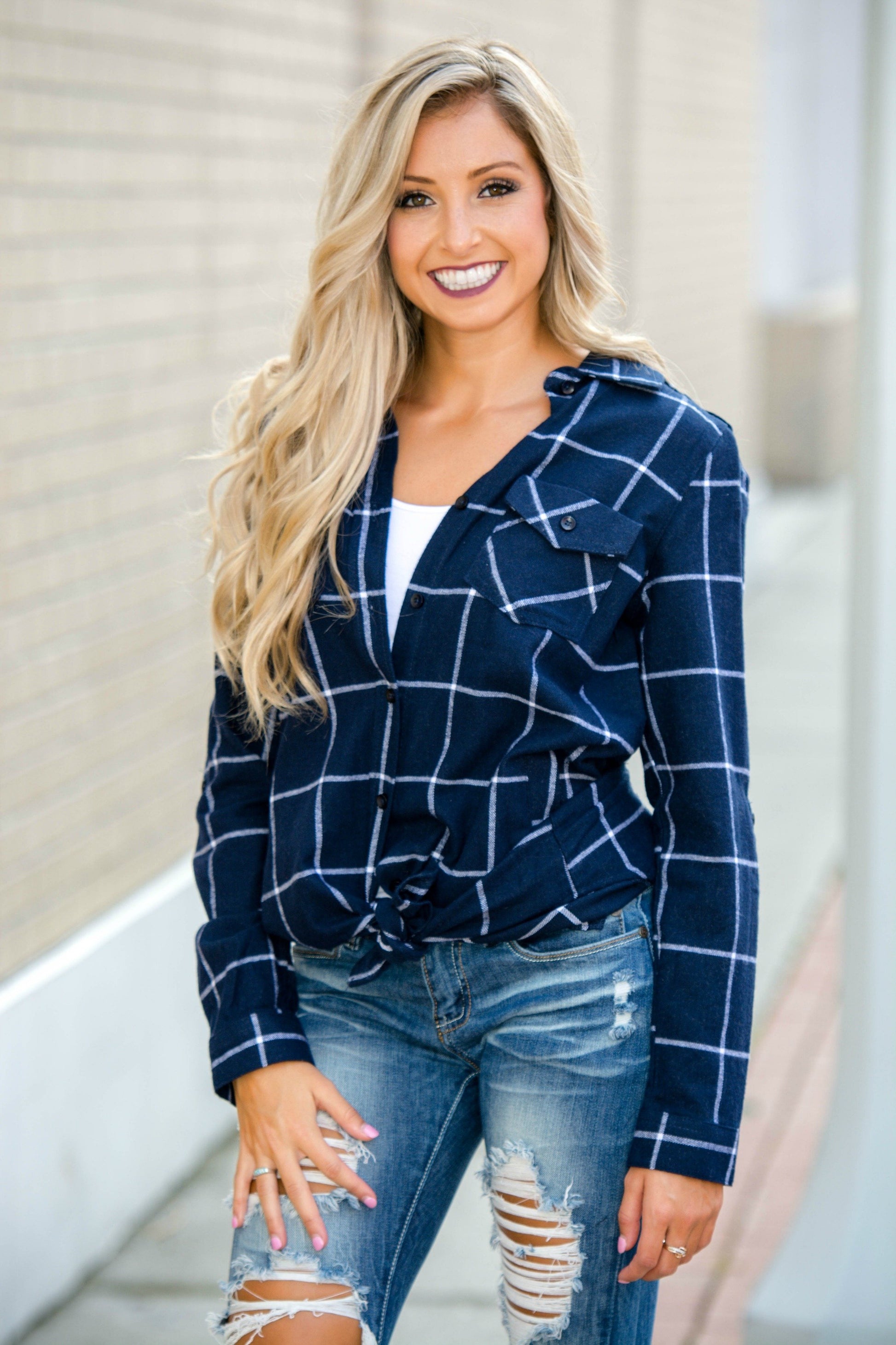 Stylish Navy Blue Flannel Tunic with Pockets Shop Simply Me Boutique SMB