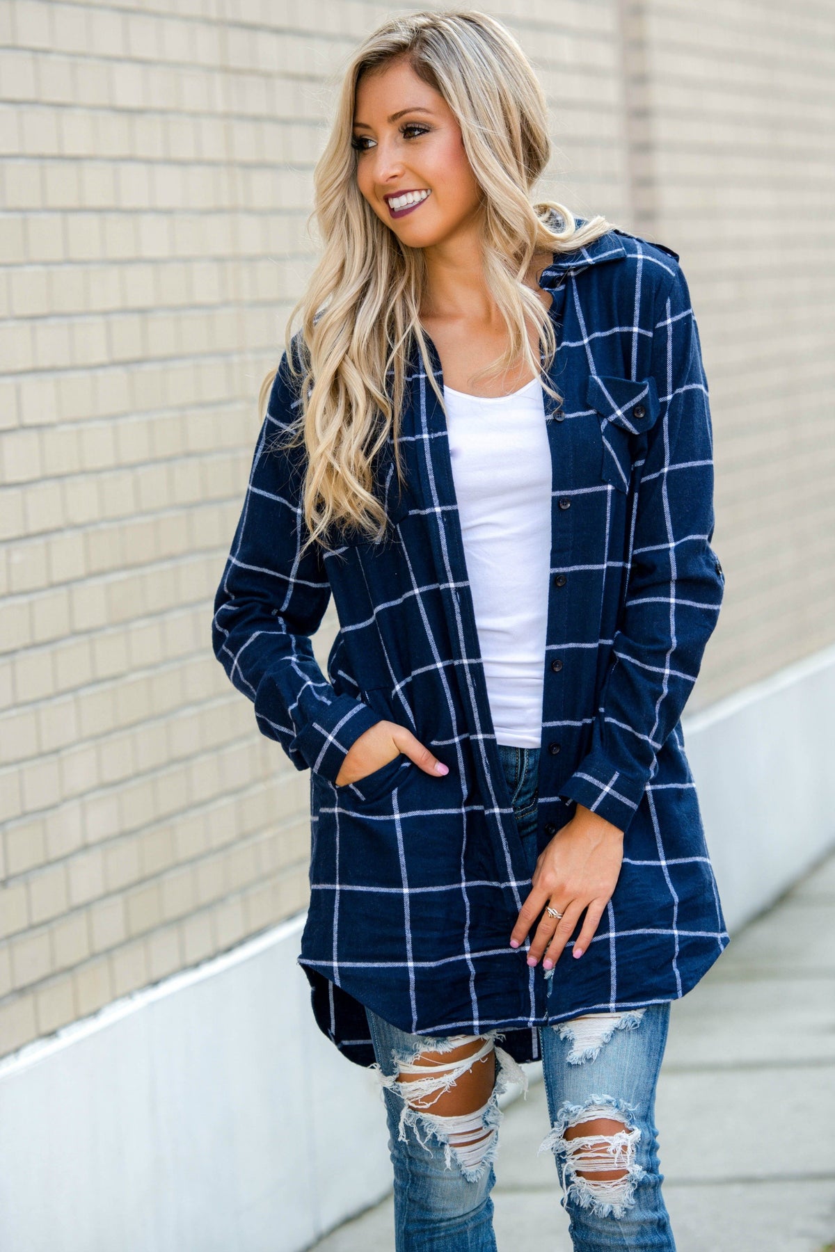 Stylish Navy Blue Flannel Tunic with Pockets Shop Simply Me Boutique