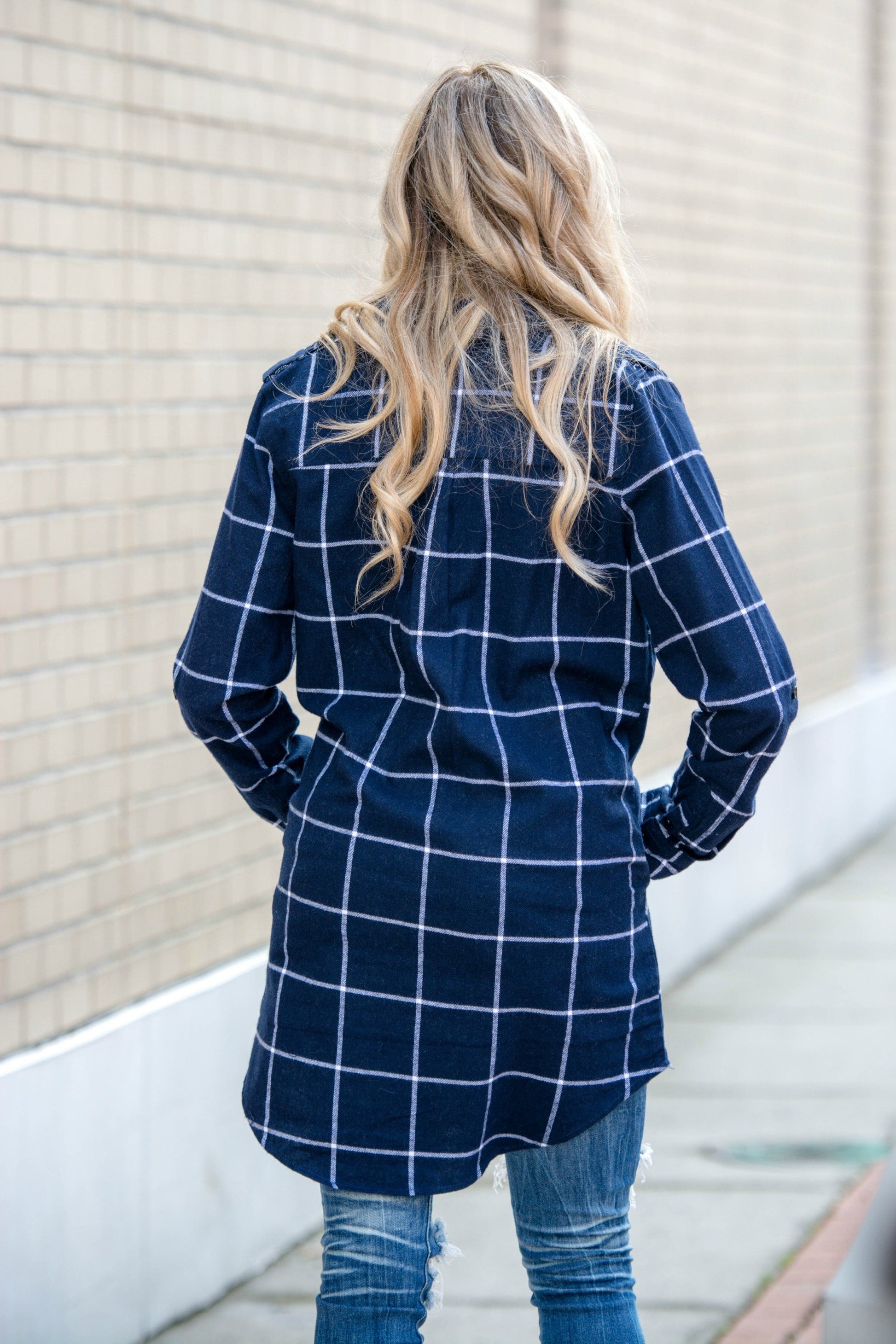 Stylish Navy Blue Flannel Tunic with Pockets Shop Simply Me Boutique