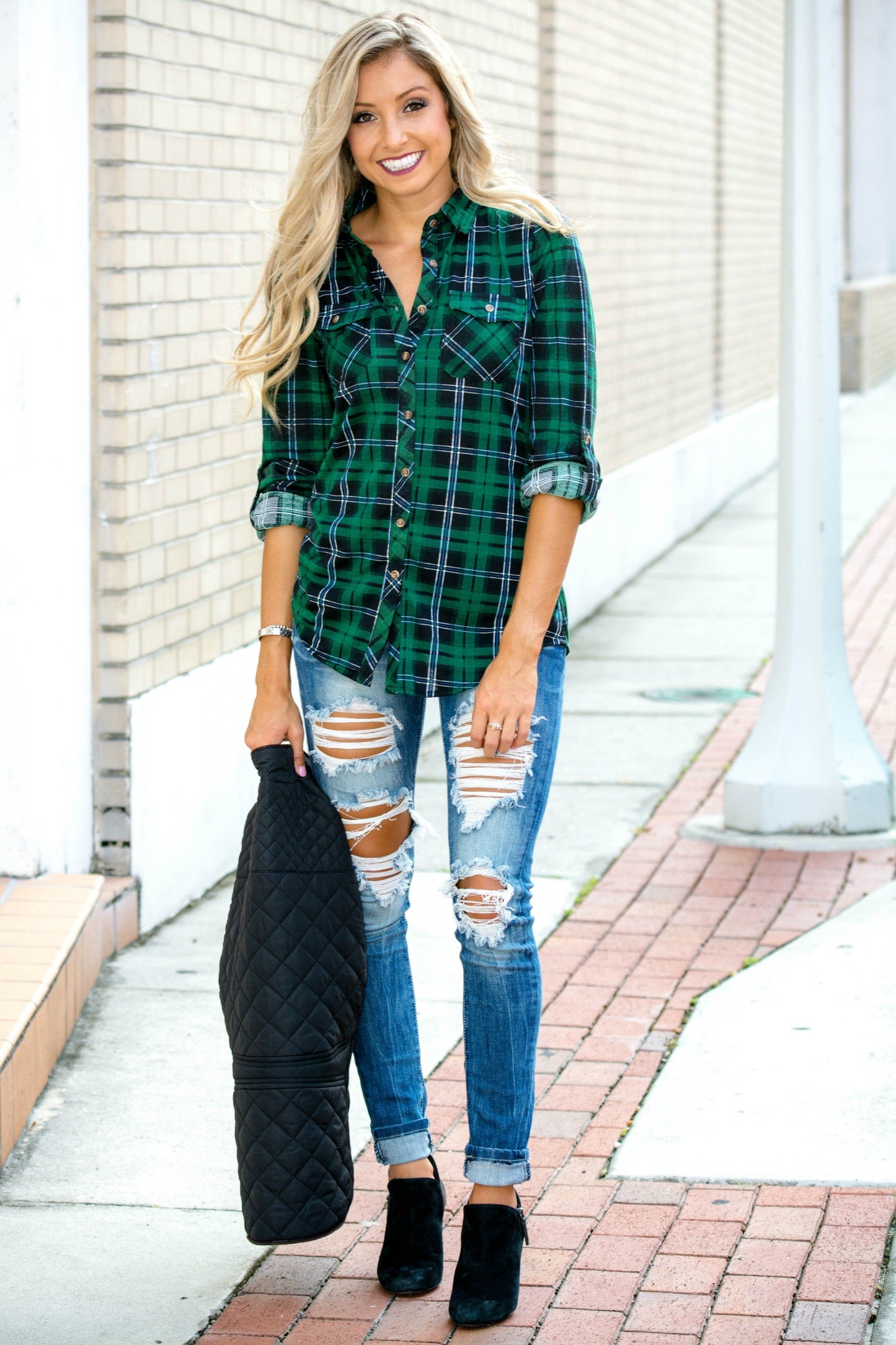 Lightweight Black Green Plaid Button Down top Shop Simply Me Boutique 