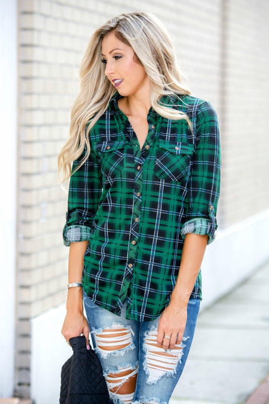 Lightweight Black Green Plaid Button Down top Shop Simply Me Boutique 