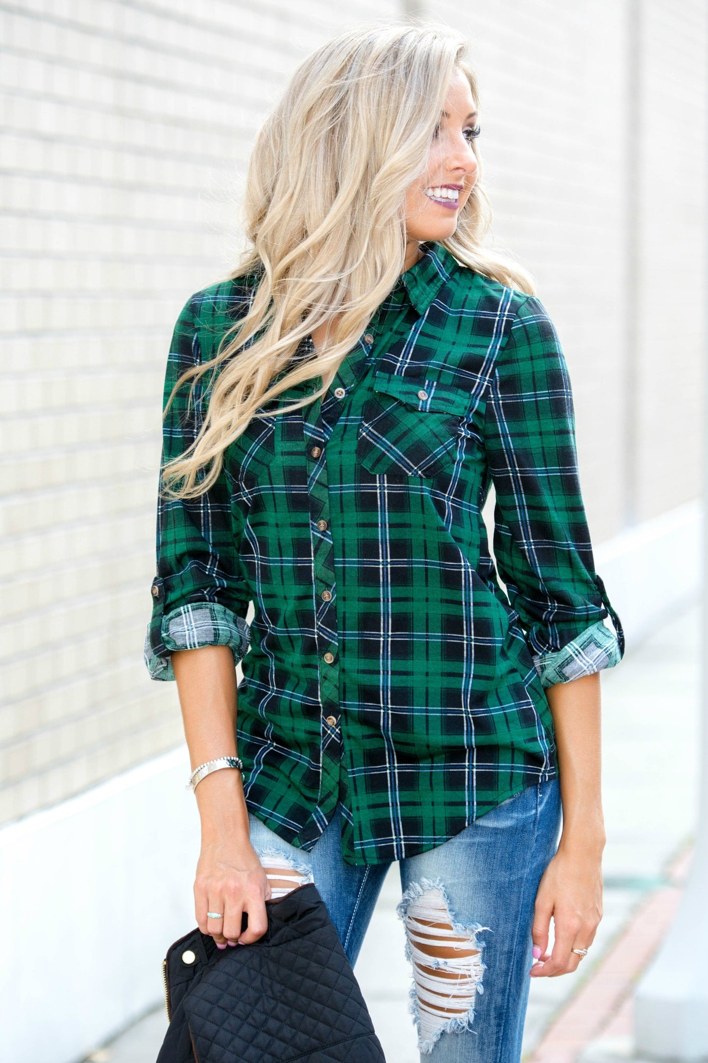 Lightweight Black Green Plaid Button Down top Shop Simply Me Boutique 