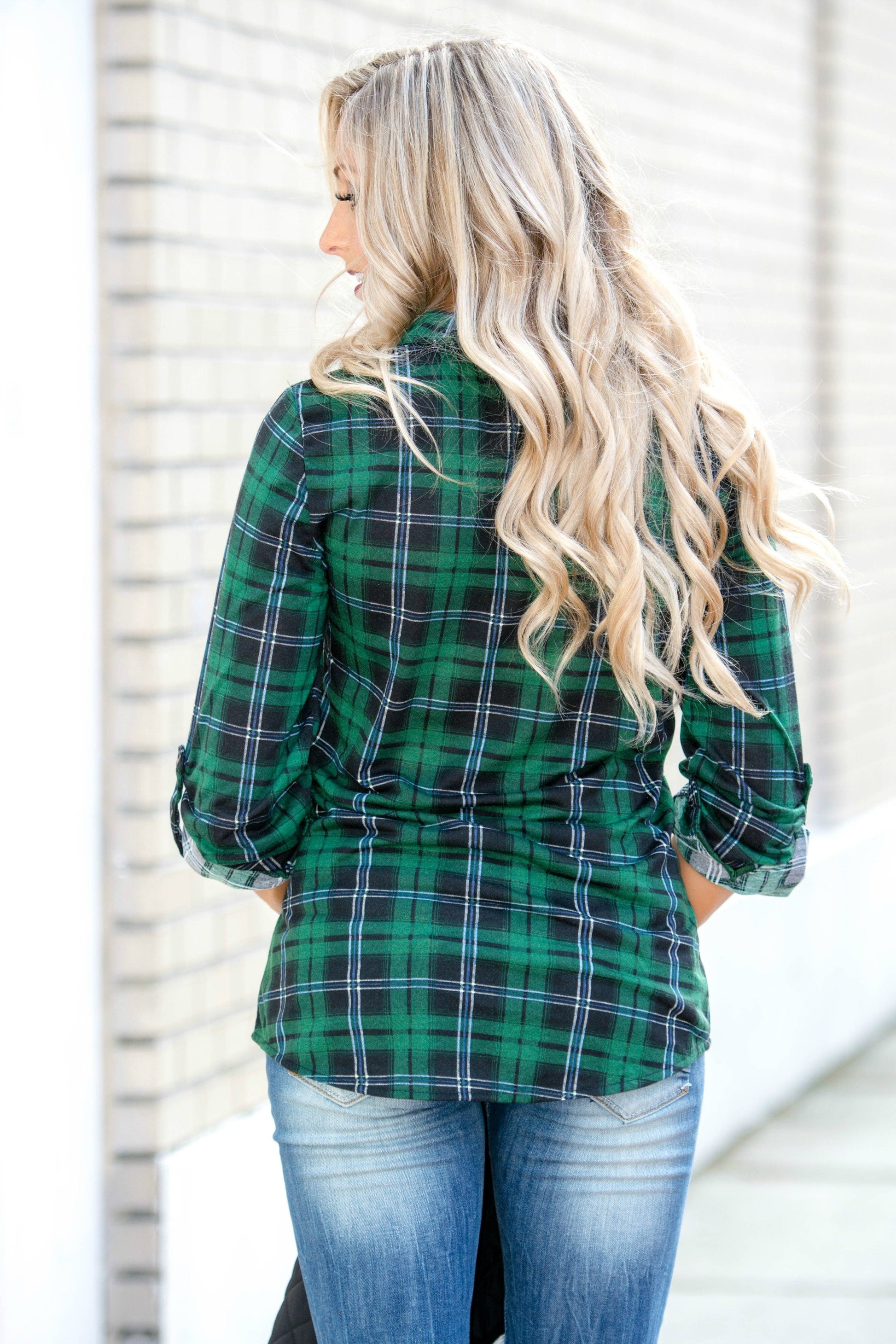 Lightweight Black Green Plaid Button Down top Shop Simply Me Boutique 
