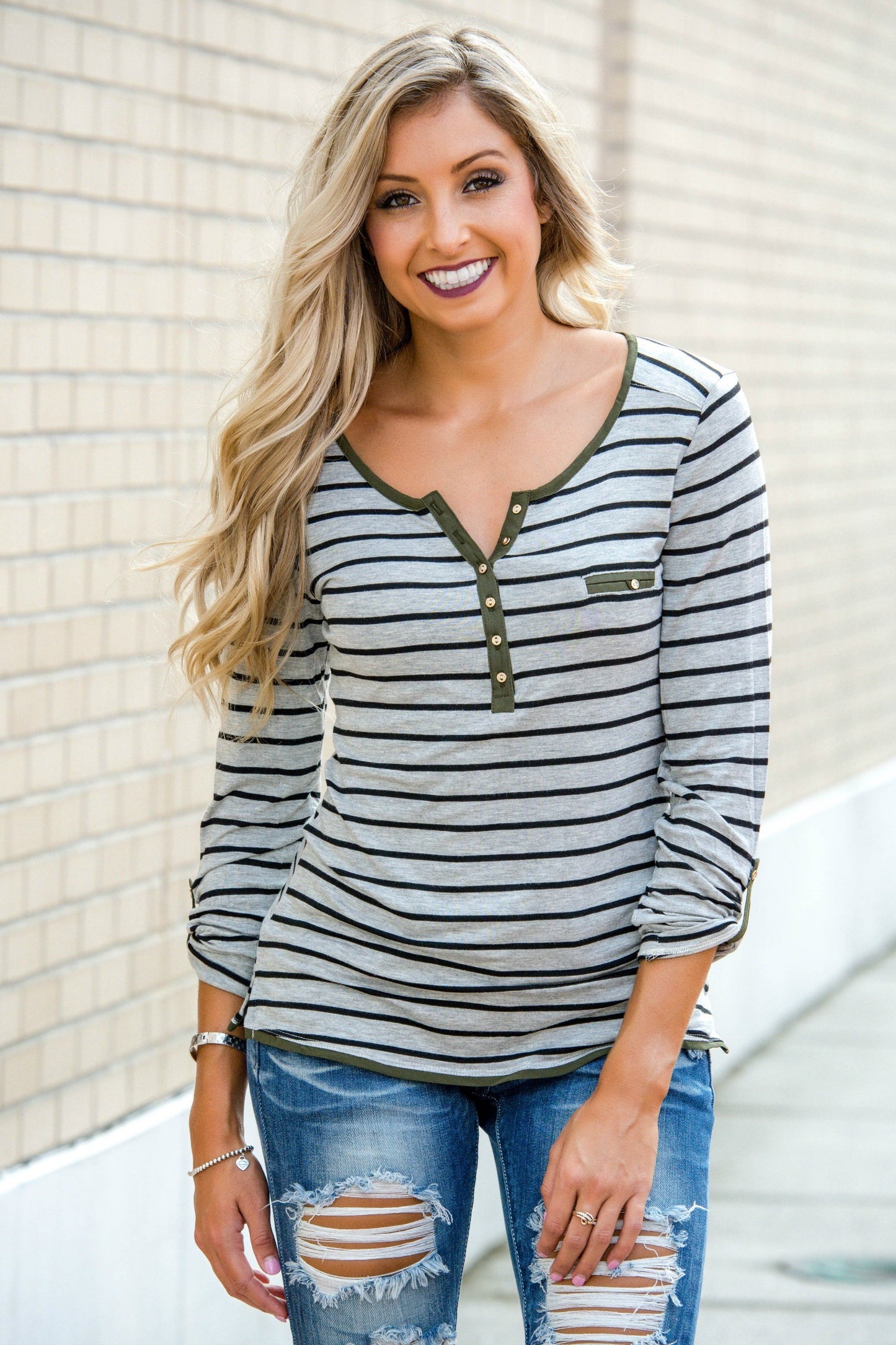 City Casual Grey Black Striped Henley Shop Simply Me Boutique Shop SMB 