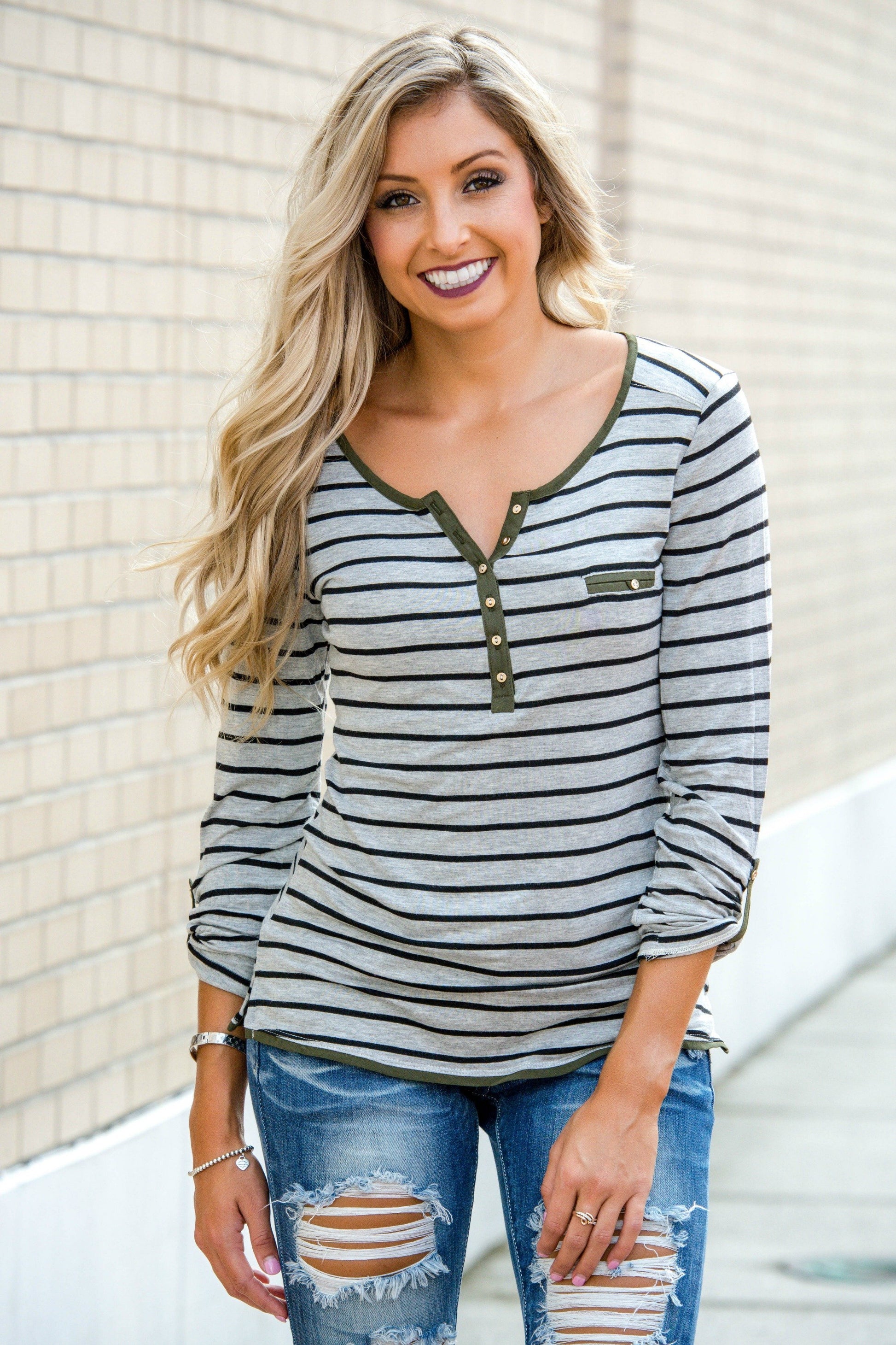 City Casual Grey Black Striped Henley Shop Simply Me Boutique Shop SMB 