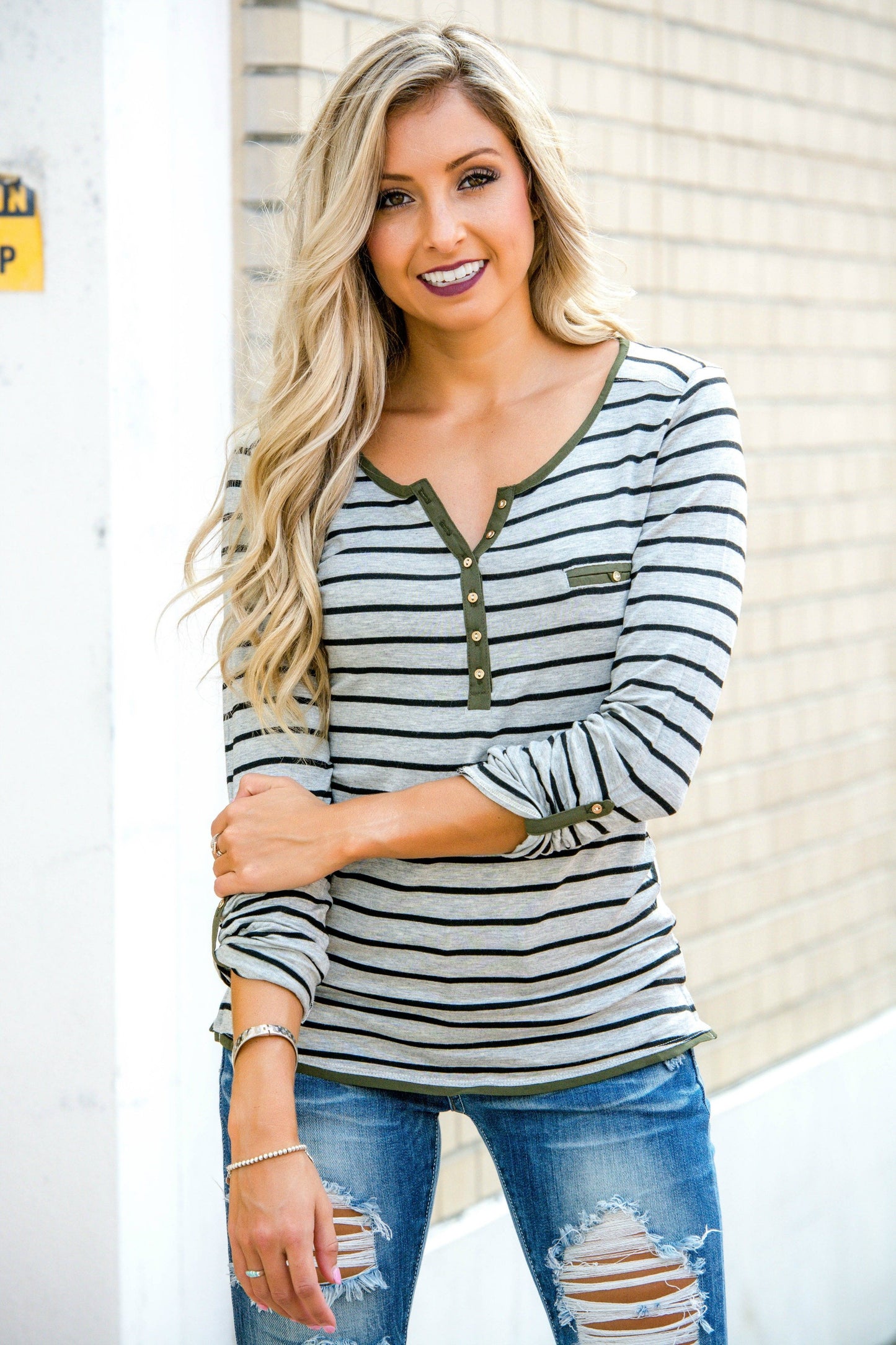 City Casual Grey Black Striped Henley Shop Simply Me Boutique Shop SMB 
