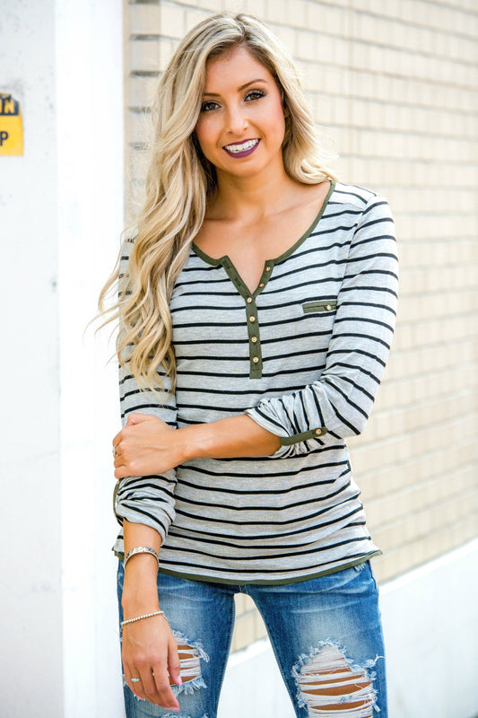 City Casual Grey Black Striped Henley Shop Simply Me Boutique Shop SMB 