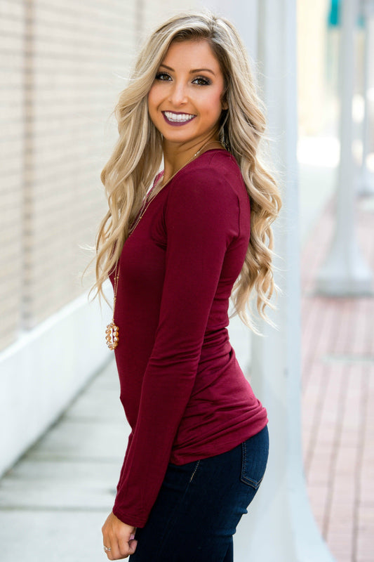 Basic Long Sleeve Burgundy Top
