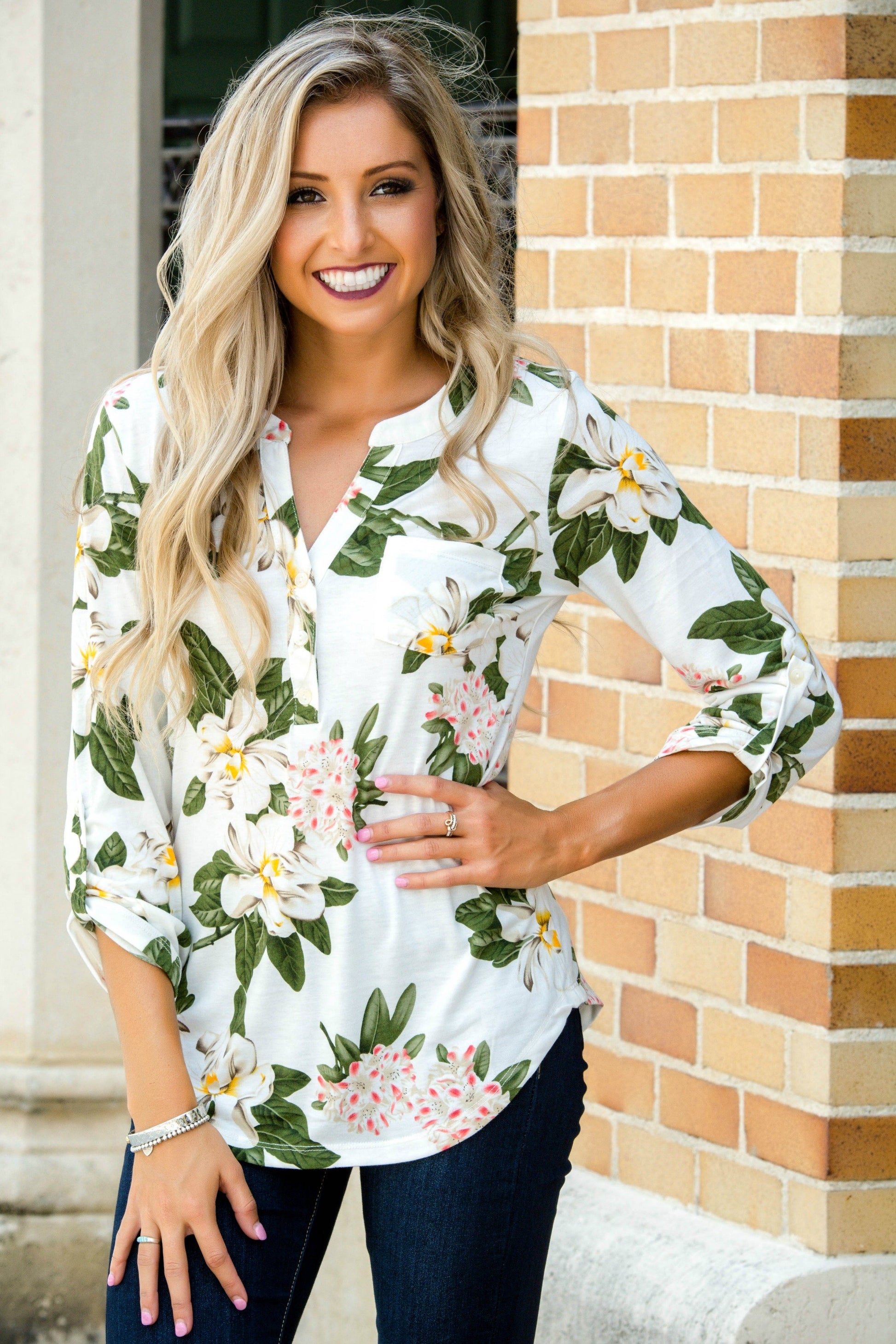 Ivory Magnolia Henley Top Shop Simply Me Boutique Shop SMB