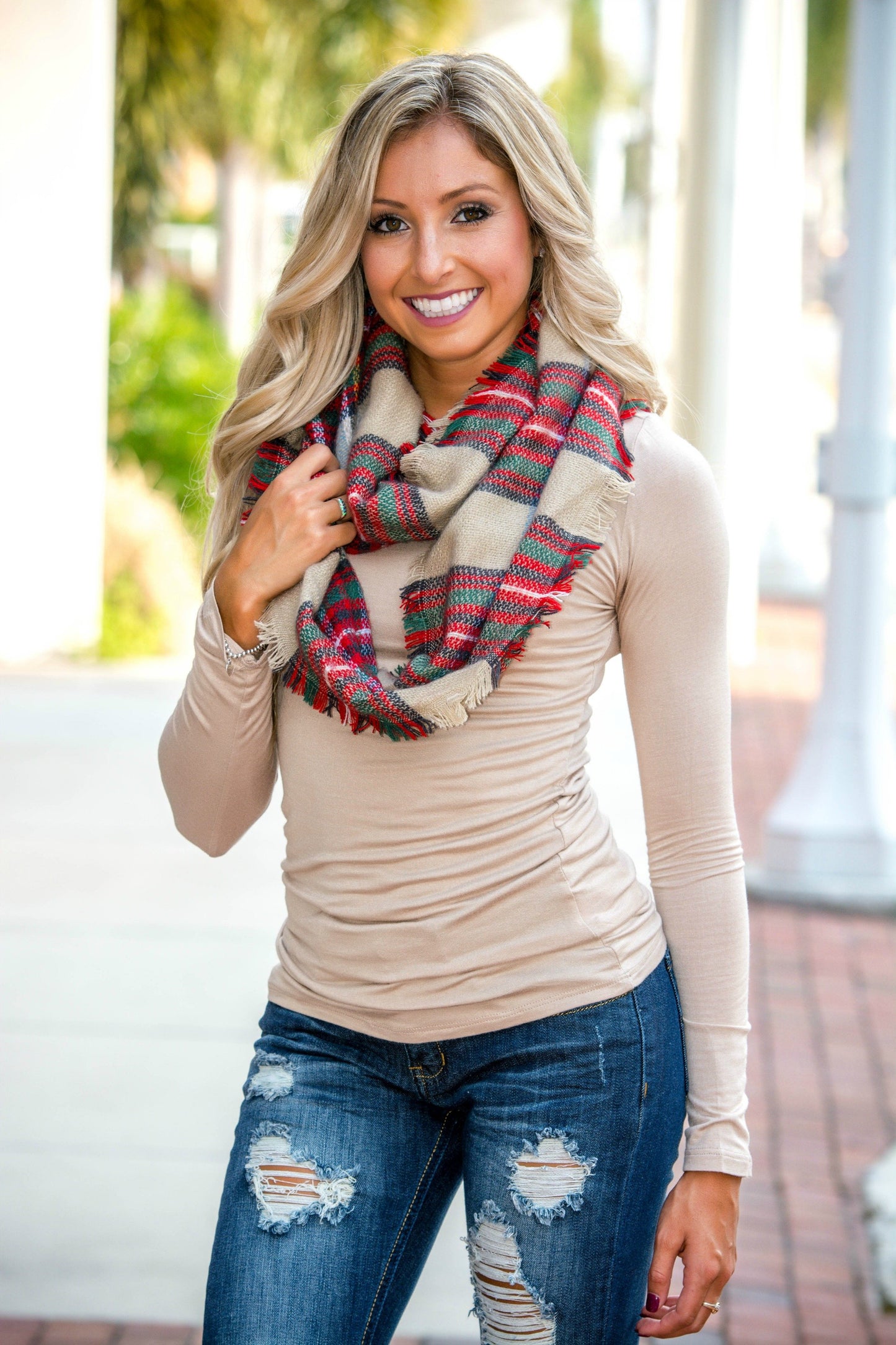 Red Beige Infinity Scarf Shop Simply Me Boutique Shop SMB
