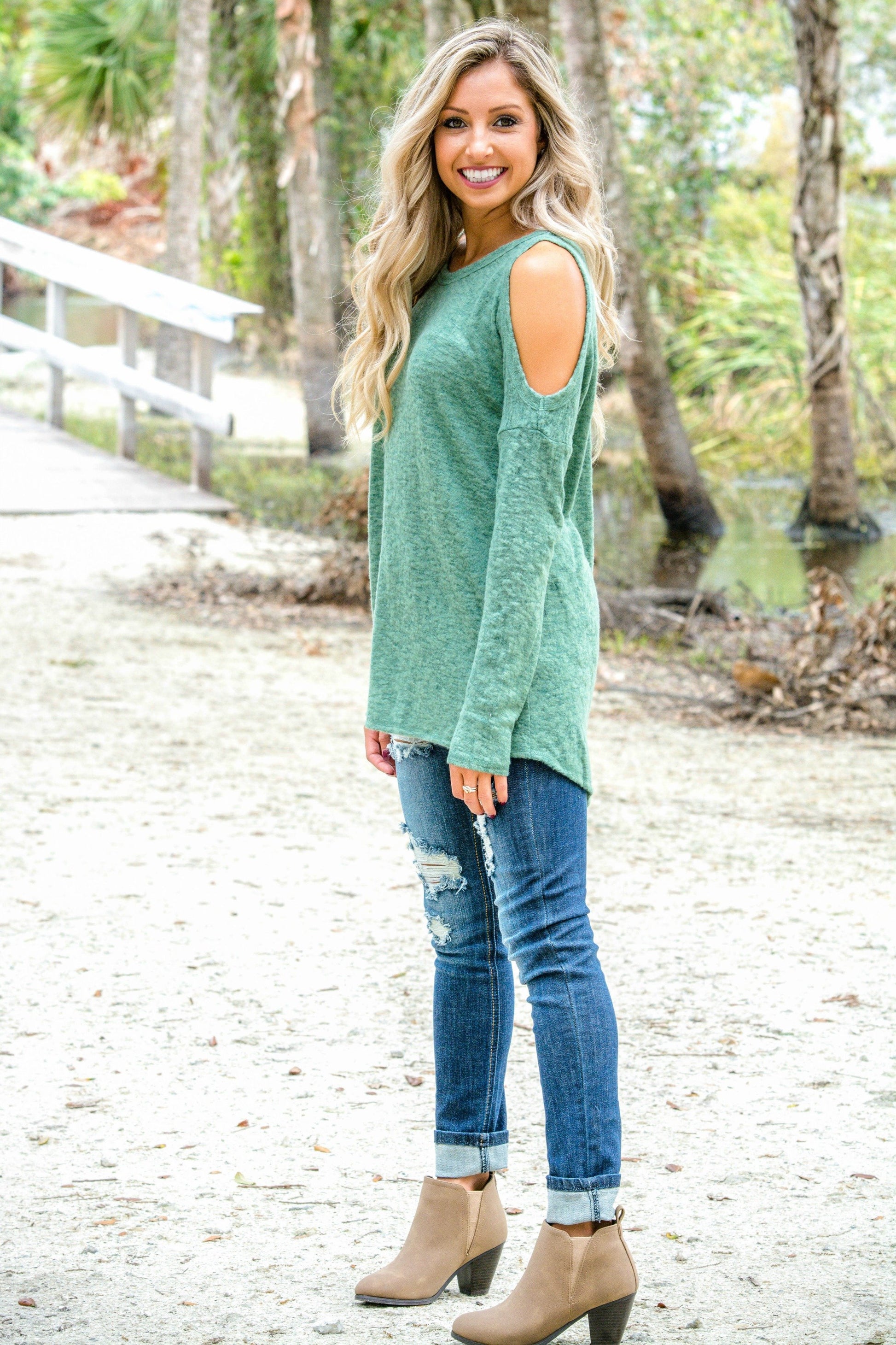 Sage Open Shoulder Brushed Hacci Top Shop Simply Me Boutique Shop SMB