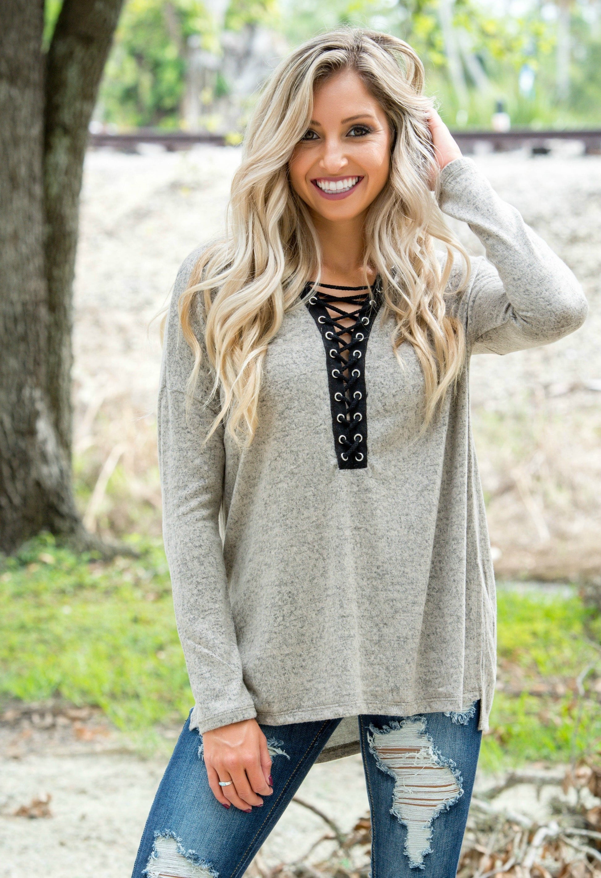 Wildest Dreams Taupe Plunge Lace Up Top Shop Simply Me Boutique