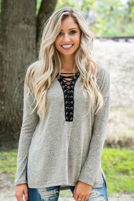 Wildest Dreams Taupe Plunge Lace Up Top Shop Simply Me Boutique
