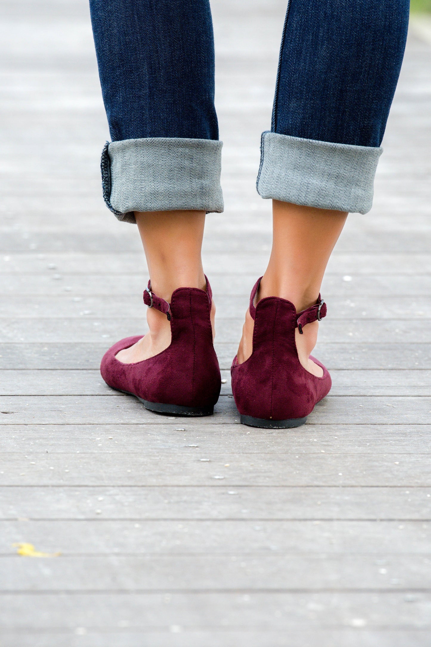Burgundy Suede Ankle Strap Flats