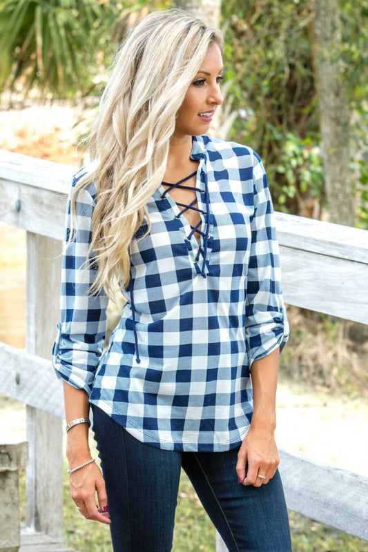 Gingham Girl Navy White Lace Up Top Shop Simply Me Boutique