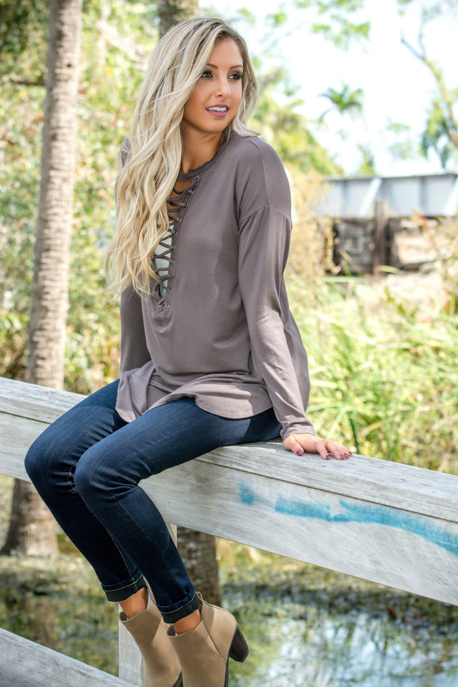 Born to Run Lace Up Stone Tobacco Top Shop Simply Me Boutique Shop SMB