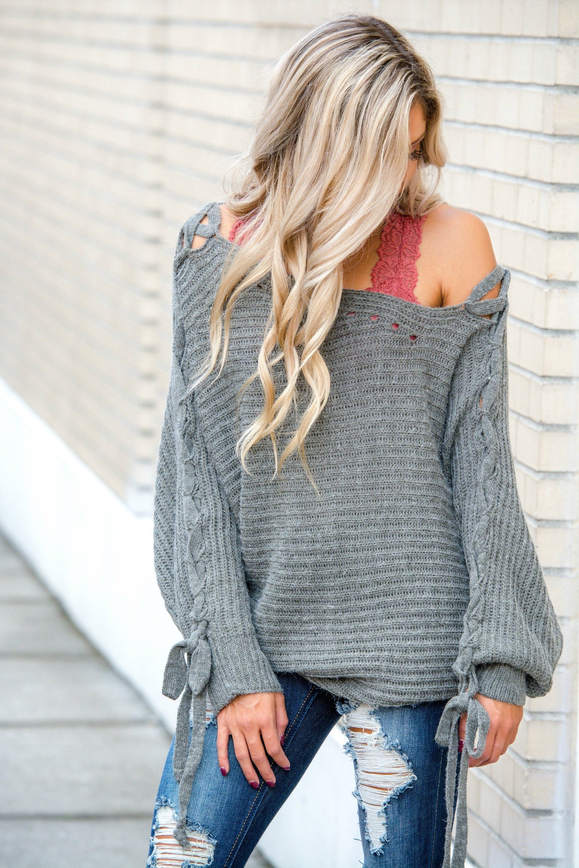 Sorry Not Sorry Off Shoulder Oversized Grey Lace Up Sleeve Sweater