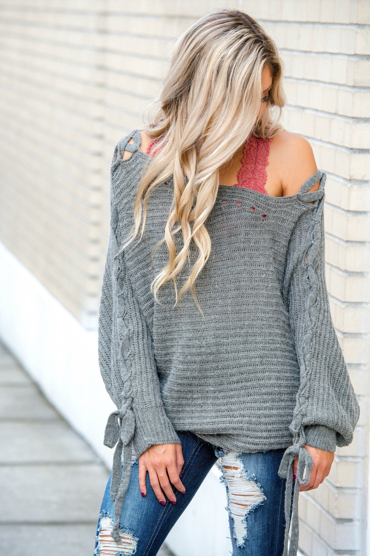 Sorry Not Sorry Off Shoulder Oversized Grey Lace Up Sleeve Sweater