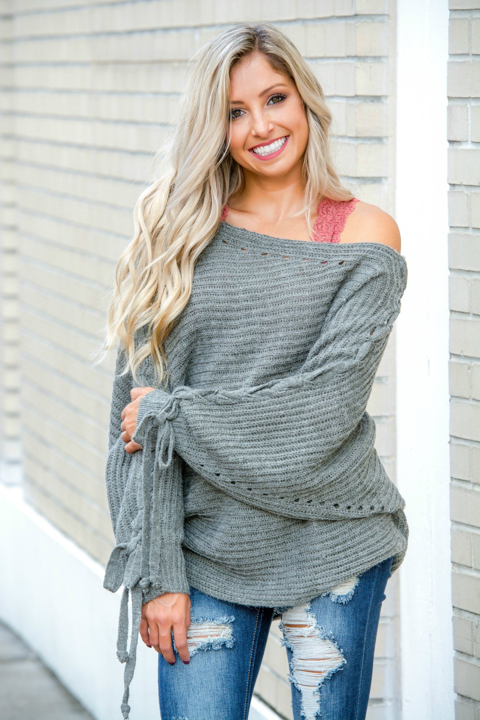 Sorry Not Sorry Off Shoulder Oversized Grey Lace Up Sleeve Sweater