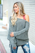 Sorry Not Sorry Off Shoulder Oversized Grey Lace Up Sleeve Sweater