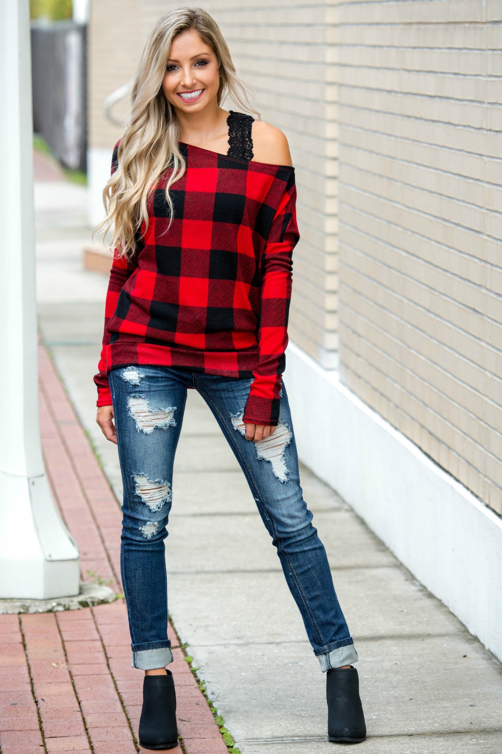 Easy to Love Black Red Plaid Off Shoulder Top Shop Simply Me Boutique SMB