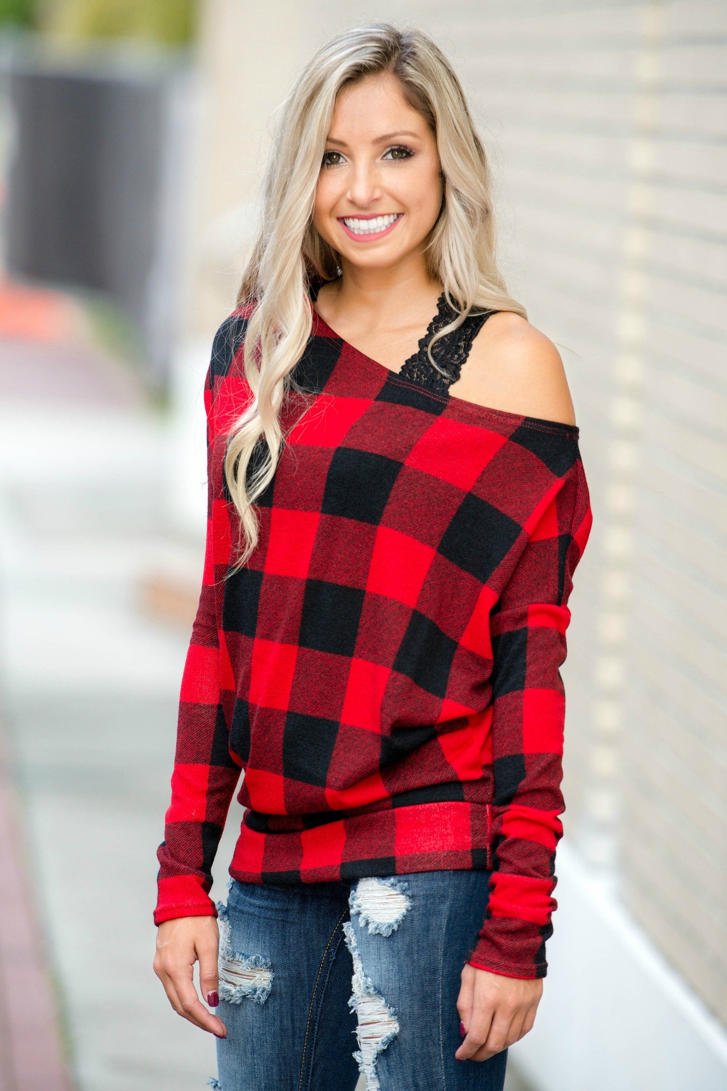 Easy to Love Black Red Plaid Off Shoulder Top Shop Simply Me Boutique SMB