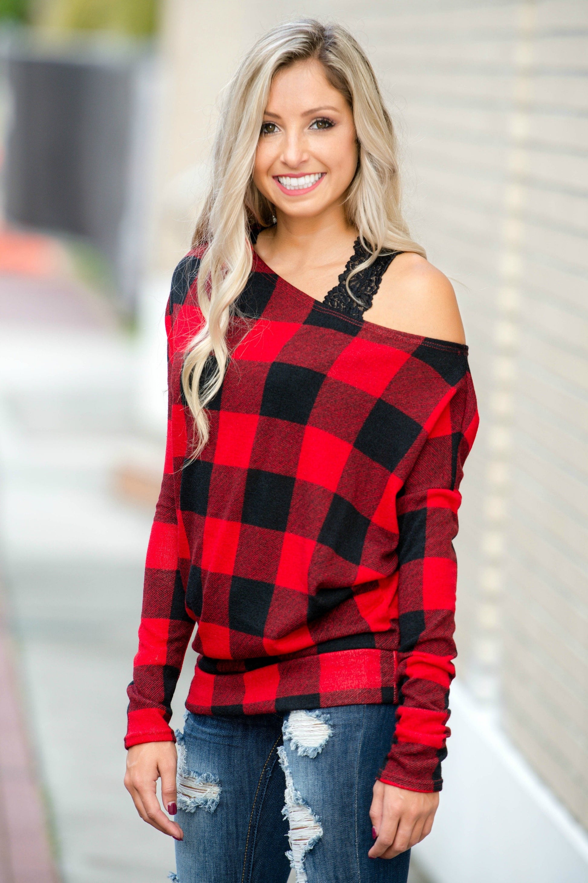 Easy to Love Black Red Plaid Off Shoulder Top Shop Simply Me Boutique SMB