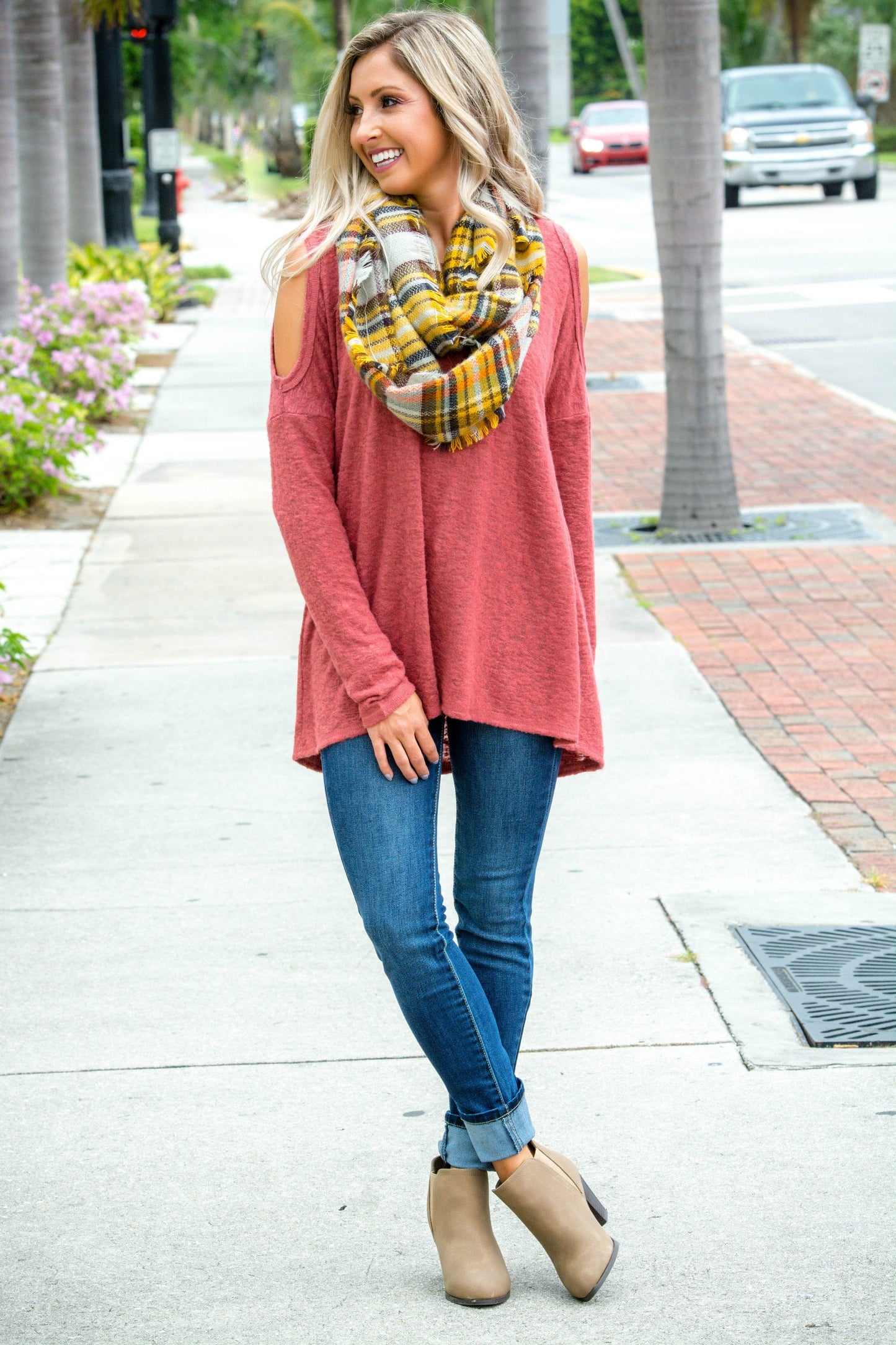 Rust Open Shoulder Brushed Hacci Top