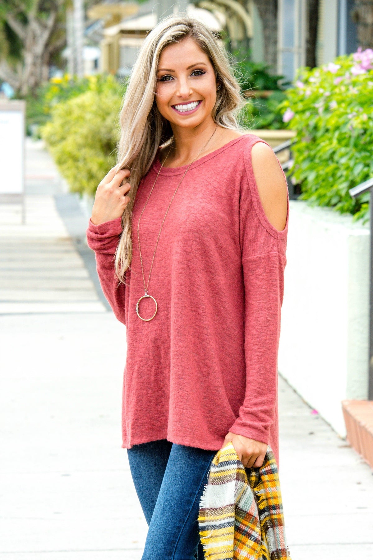 Rust Open Shoulder Brushed Hacci Top