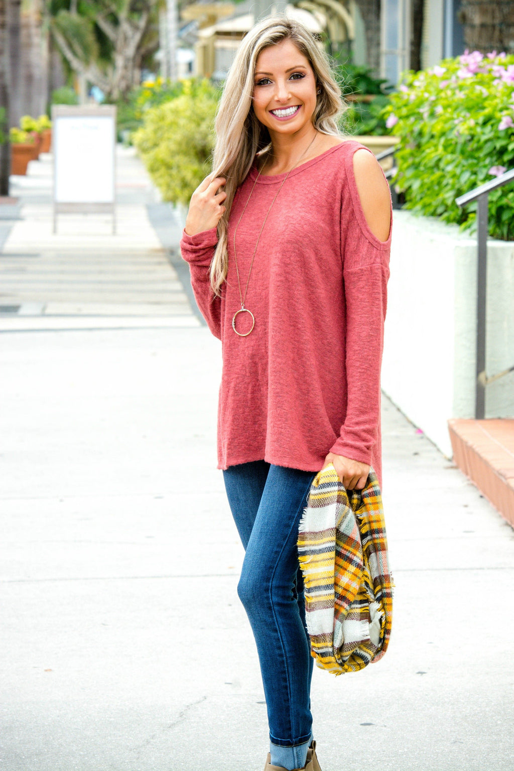Rust Open Shoulder Brushed Hacci Top