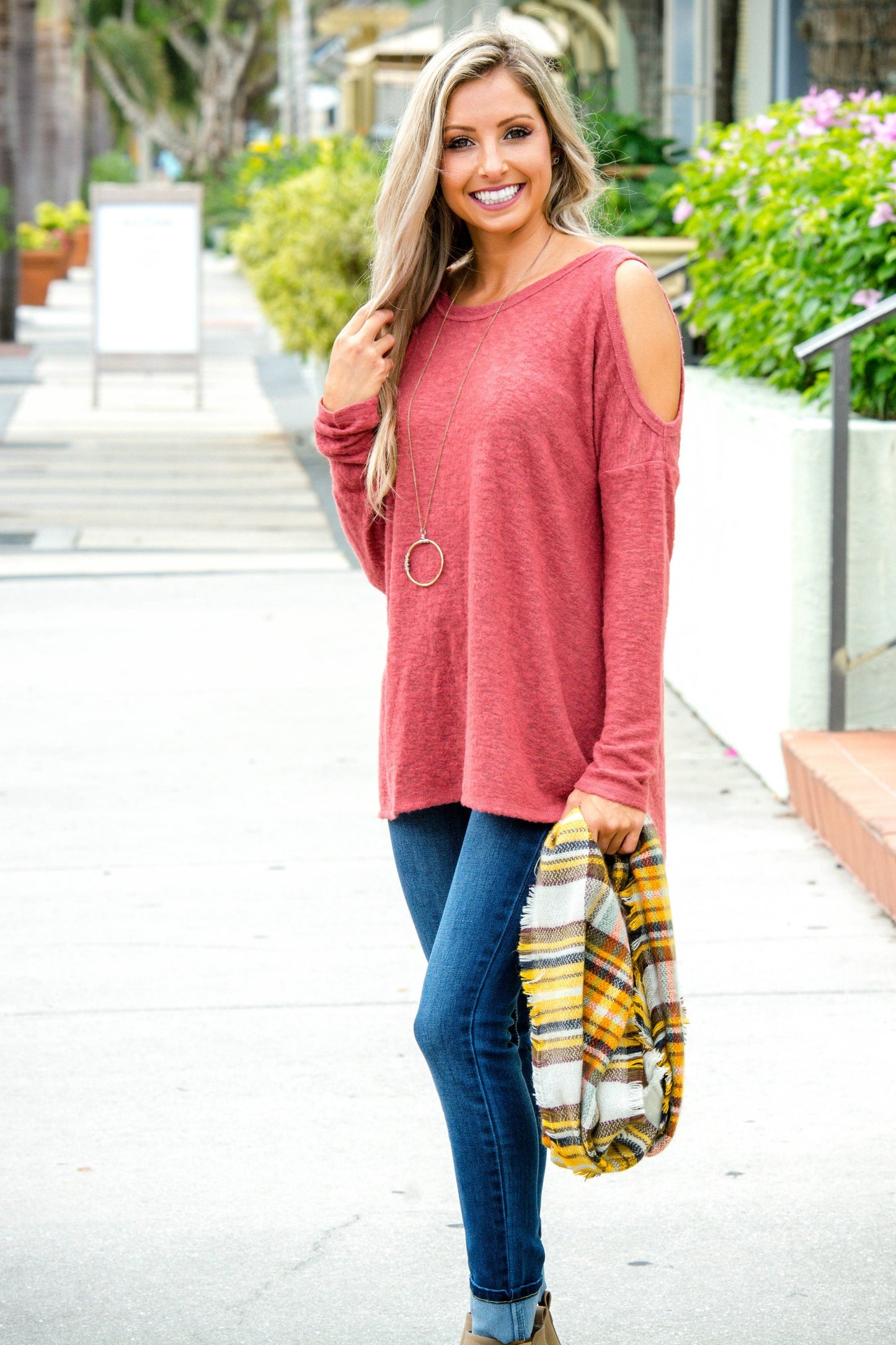 Rust Open Shoulder Brushed Hacci Top