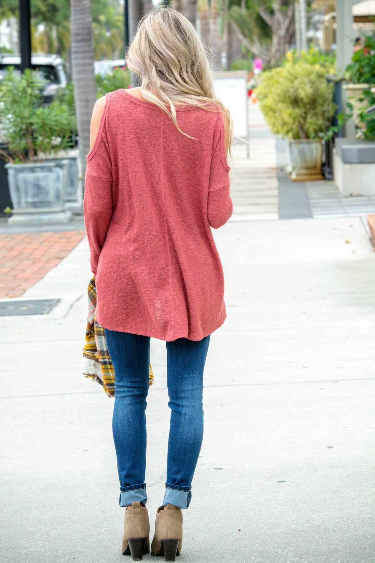 Rust Open Shoulder Brushed Hacci Top