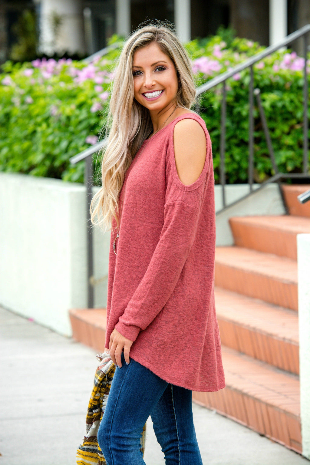 Rust Open Shoulder Brushed Hacci Top