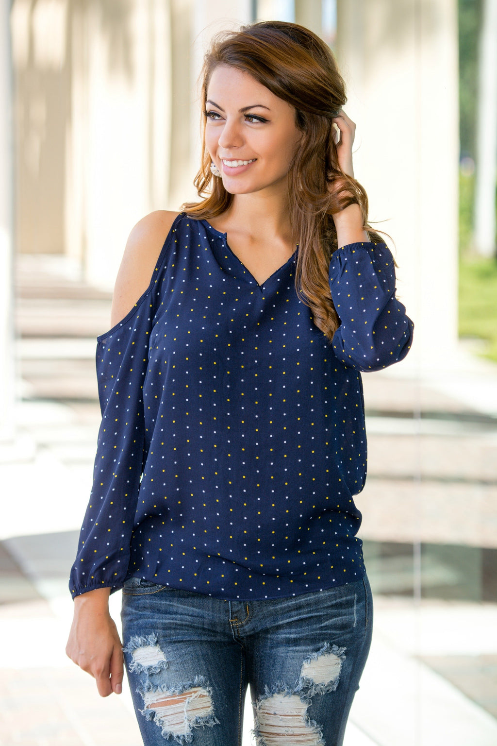 Navy Mustard Square Print Cold Shoulder Top Shop Simply Me Boutique SMB