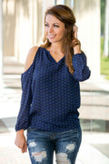 Navy Mustard Square Print Cold Shoulder Top Shop Simply Me Boutique SMB